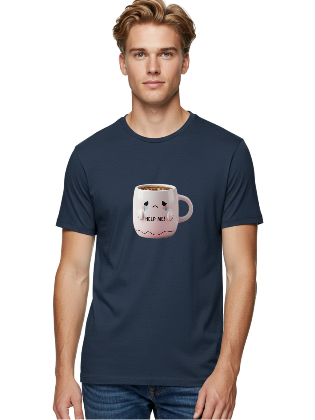 Help-Me-8 Men'S Graphic Tee, 100% Cotton, Comfortable Casual Summer Wear, Machine Washable, Sad Coffee Mug, Crying Face Design, Coffee Drink, Emotional Expression, Distressed Emotions, Quirky Humor, Funny Coffee Culture Bac048