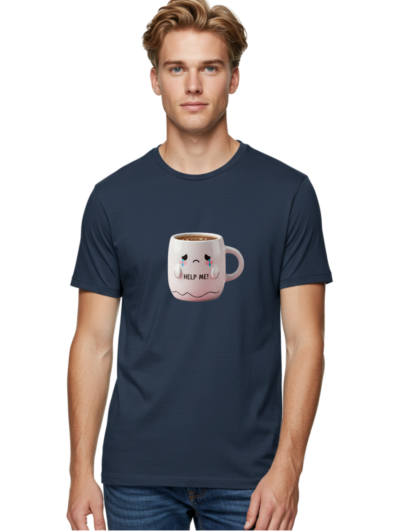Help-Me-8 Men'S Graphic Tee, 100% Cotton, Comfortable Casual Summer Wear, Machine Washable, Sad Coffee Mug, Crying Face Design, Coffee Drink, Emotional Expression, Distressed Emotions, Quirky Humor, Funny Coffee Culture Bac048