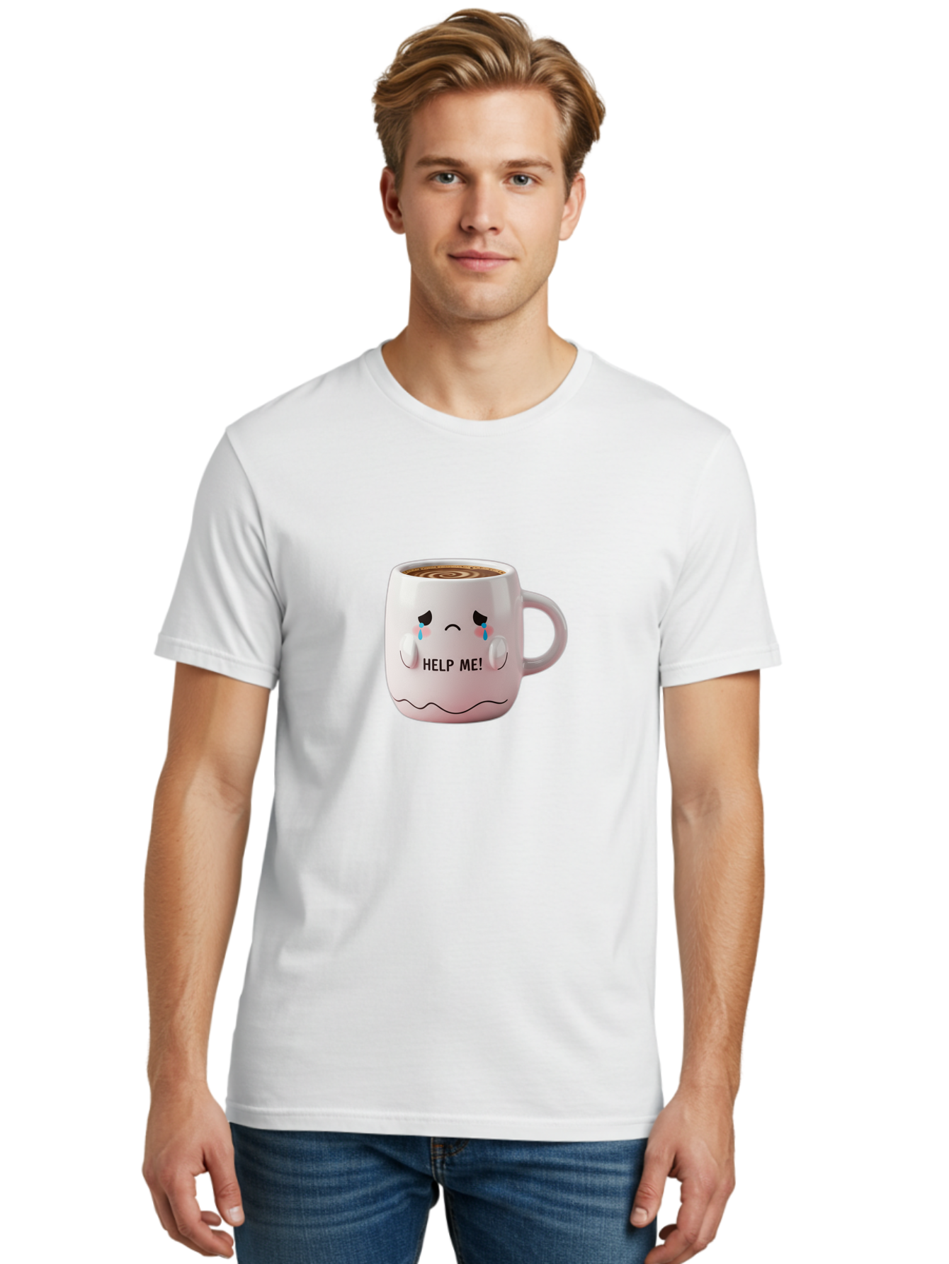Help-Me-8 Men'S Graphic Tee, 100% Cotton, Comfortable Casual Summer Wear, Machine Washable, Sad Coffee Mug, Crying Face Design, Coffee Drink, Emotional Expression, Distressed Emotions, Quirky Humor, Funny Coffee Culture Bac048