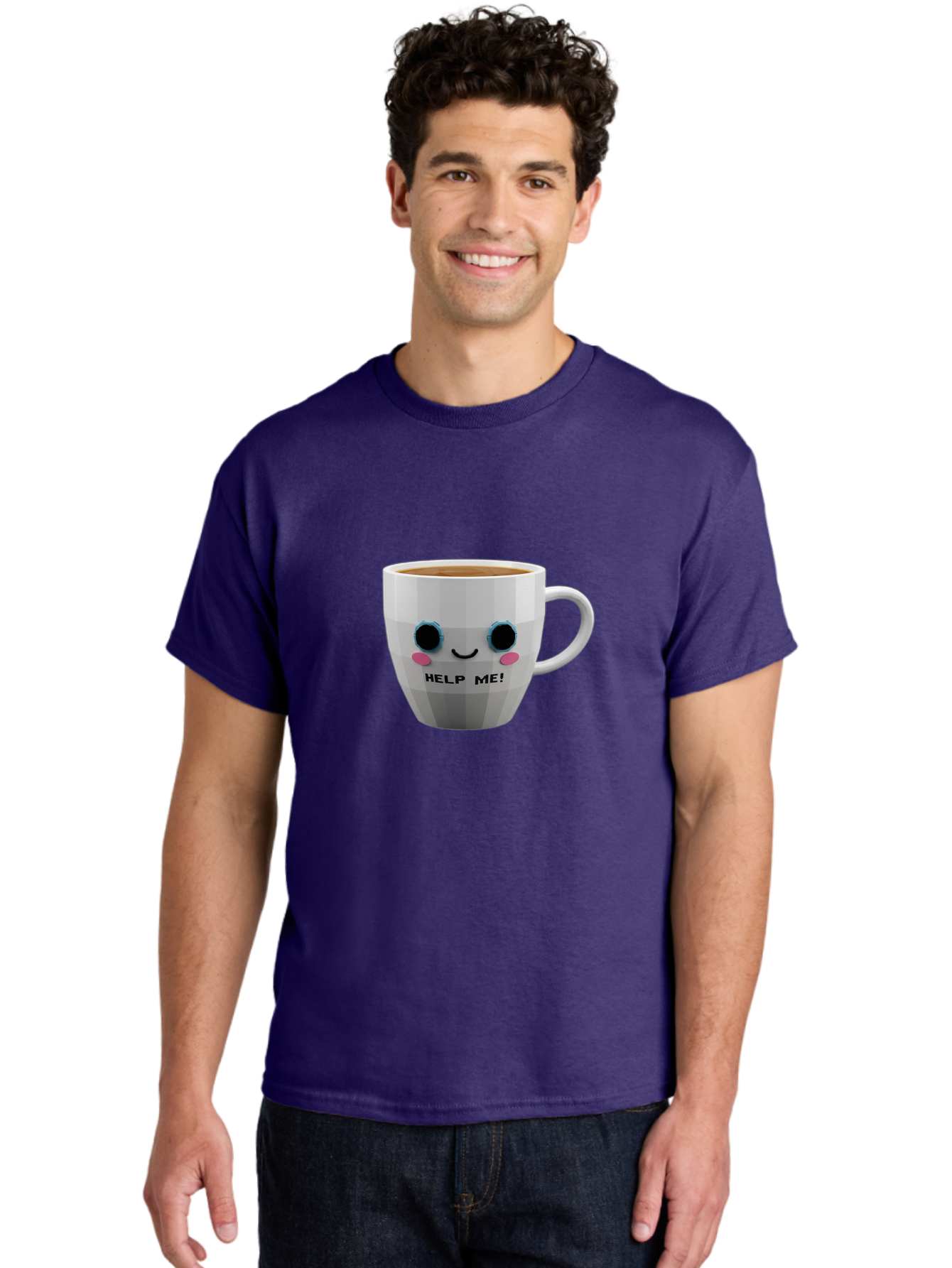 Help-Me-9 Men'S Graphic Tee, 100% Cotton, Comfortable Casual Summer Wear, Machine Washable, Cute Coffee Cup, Cartoon Character, Coffee Break, Funny Design, Animated Mug, Humorous Illustration, Coffee Humor, Cute Design, Coffee Lover Bac049