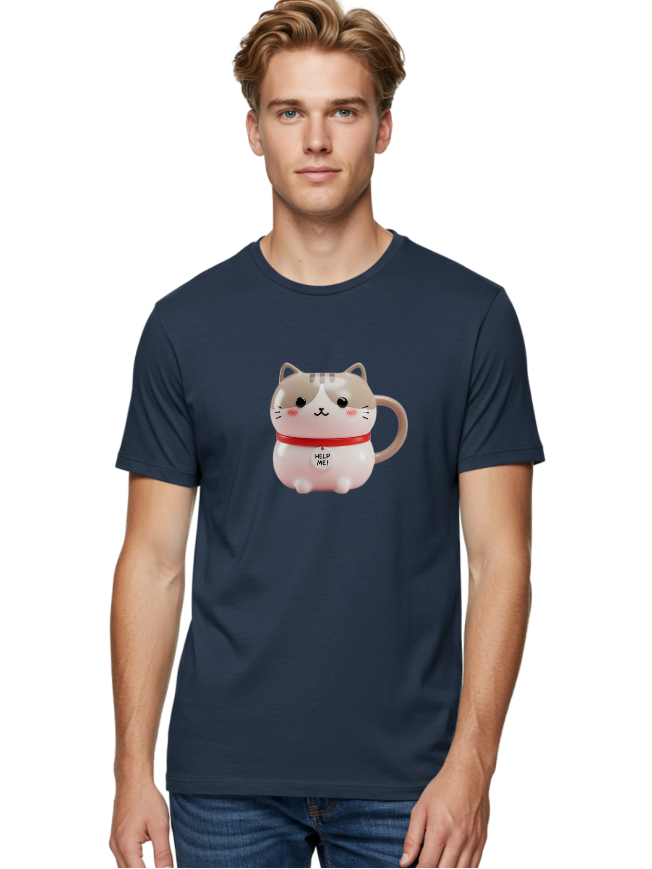 Help-Me-Cat-Mug Men'S Graphic Tee, 100% Cotton, Comfortable Casual Summer Wear, Machine Washable, Cute Cat Mug, Funny Cat Design, Help Me Text, Pink Cat, Red Collar, Cat Lover Gift, Kawaii Cat, Novelty Mug, Cat Figurine Bac050