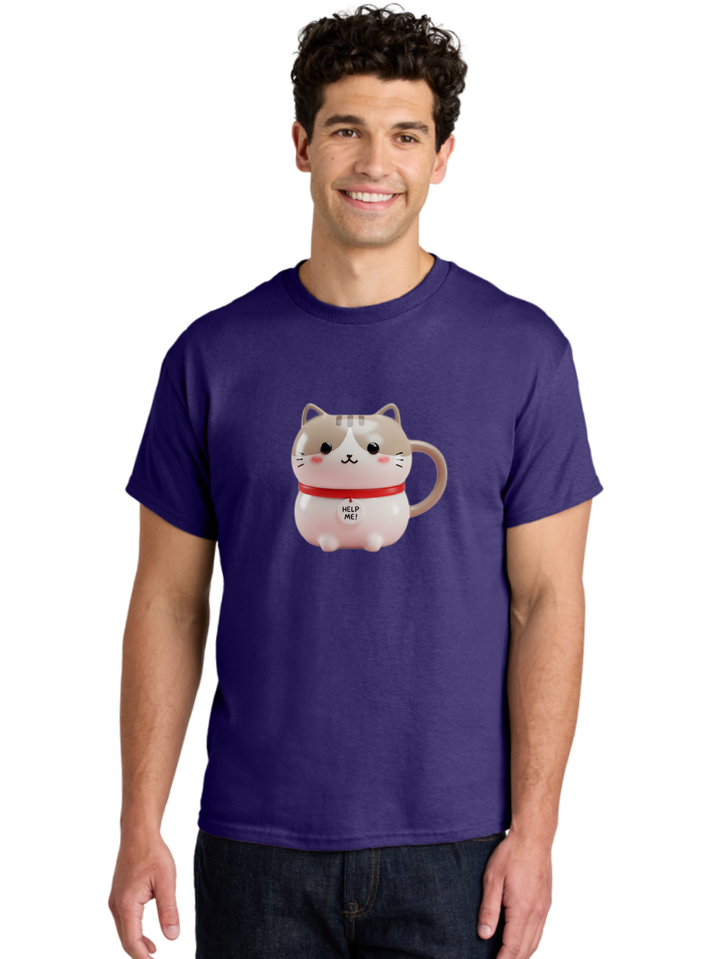 Help-Me-Cat-Mug Men'S Graphic Tee, 100% Cotton, Comfortable Casual Summer Wear, Machine Washable, Cute Cat Mug, Funny Cat Design, Help Me Text, Pink Cat, Red Collar, Cat Lover Gift, Kawaii Cat, Novelty Mug, Cat Figurine Bac050