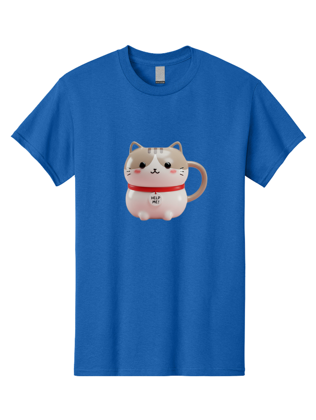 Help-Me-Cat-Mug Men'S Graphic Tee, 100% Cotton, Comfortable Casual Summer Wear, Machine Washable, Cute Cat Mug, Funny Cat Design, Help Me Text, Pink Cat, Red Collar, Cat Lover Gift, Kawaii Cat, Novelty Mug, Cat Figurine Bac050