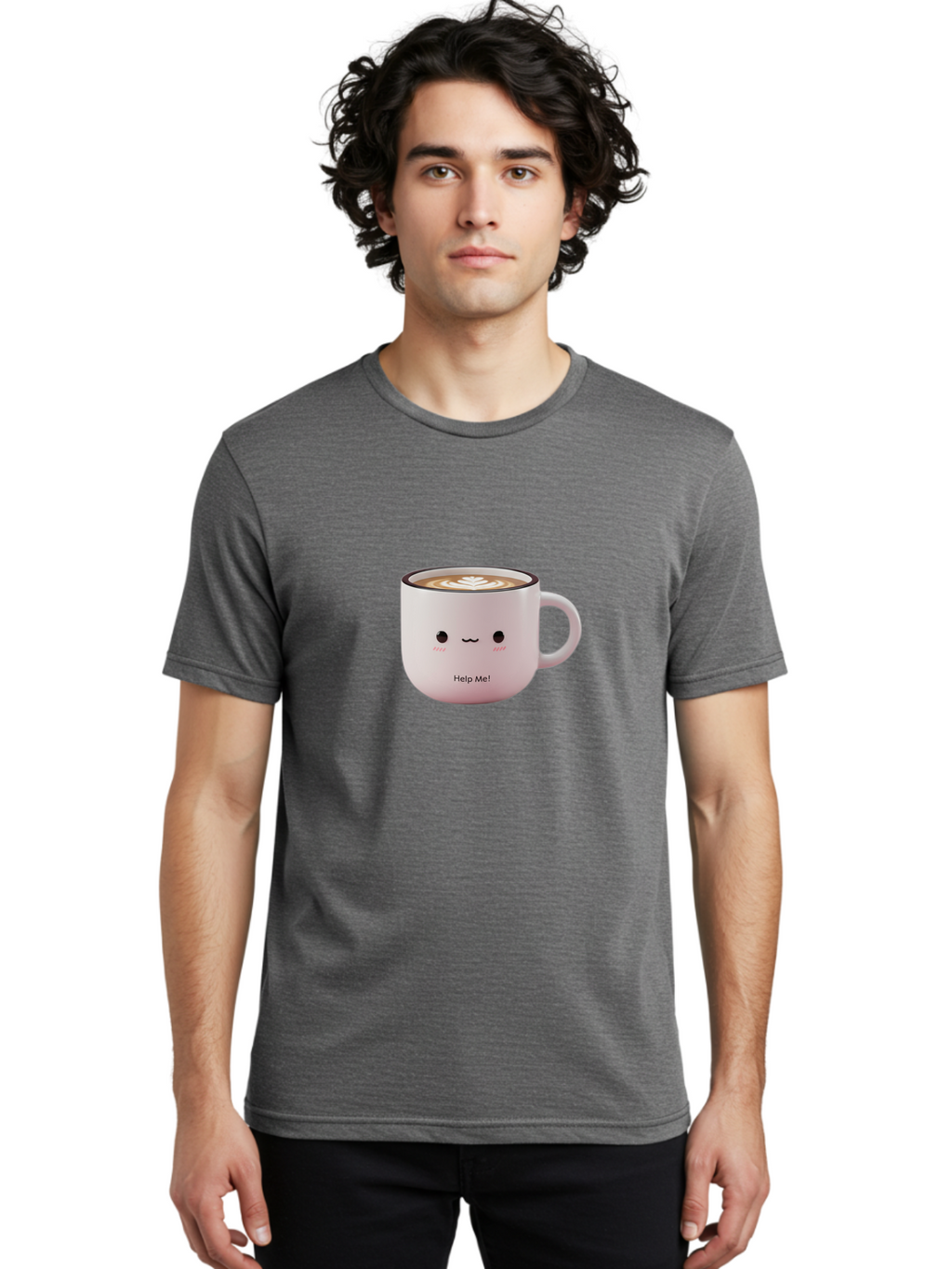 Help-Me-Coffee Men'S Graphic Tee, 100% Cotton, Comfortable Casual Summer Wear, Machine Washable, Cute Coffee Mug, Latte Art, Cartoon Character, Humorous Design, Coffee Lover, Funny Mug, Adorable Design, Coffee Culture, Help Me! Bac051