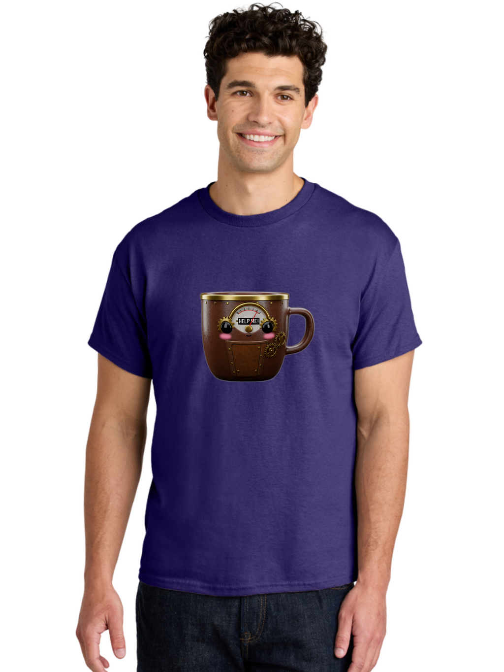 Help-Me-Mug Men'S Graphic Tee, 100% Cotton, Comfortable Casual Summer Wear, Machine Washable, Steampunk Coffee Mug, Brown Ceramic, Gold Accents, Distressed Robot Face, Help Me! Gauge, Steampunk Art, Quirky Design, Unique Collectible, Bac052