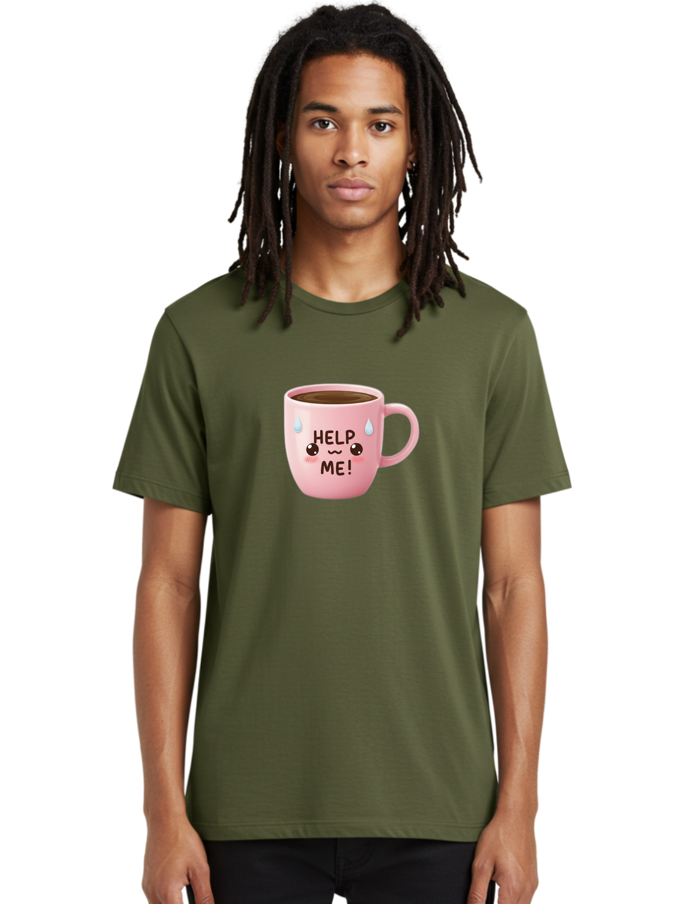 Help-Me Men'S Graphic Tee, 100% Cotton, Comfortable Casual Summer Wear, Machine Washable, Cute Coffee Mug, Cartoon Coffee, Funny Coffee, Kawaii Coffee, Coffee Humor, Coffee Meme, Coffee Culture, Coffee Love Bac053