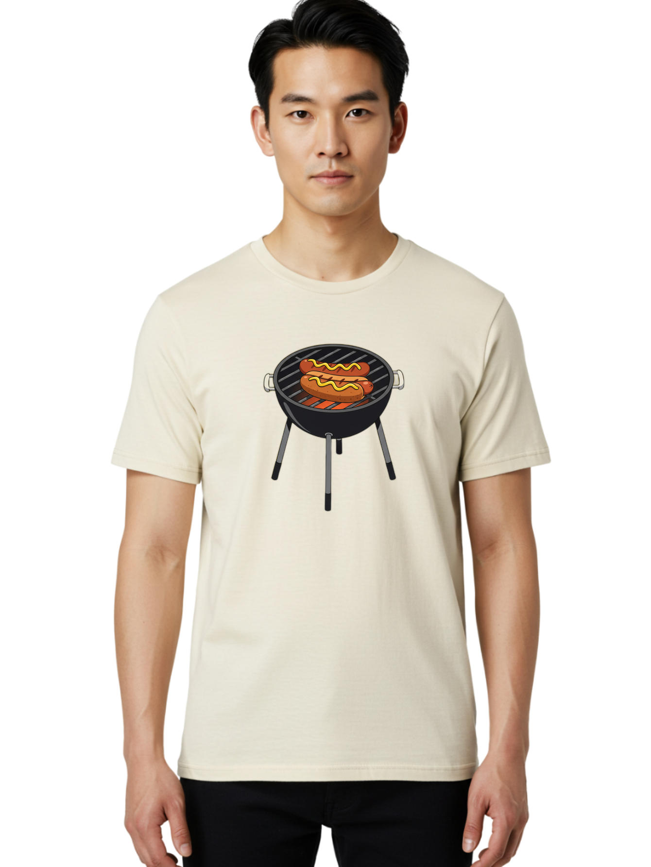 Hot-Dogs-On-Grill Men'S Graphic Tee, 100% Cotton, Comfortable Casual Summer Wear, Machine Washable, Hot Dogs On Grill, Grilled Sausages, Barbecue Cooking, Mustard Topping, Outdoor Grill, Bbq Favorites, Summer Food Bac055
