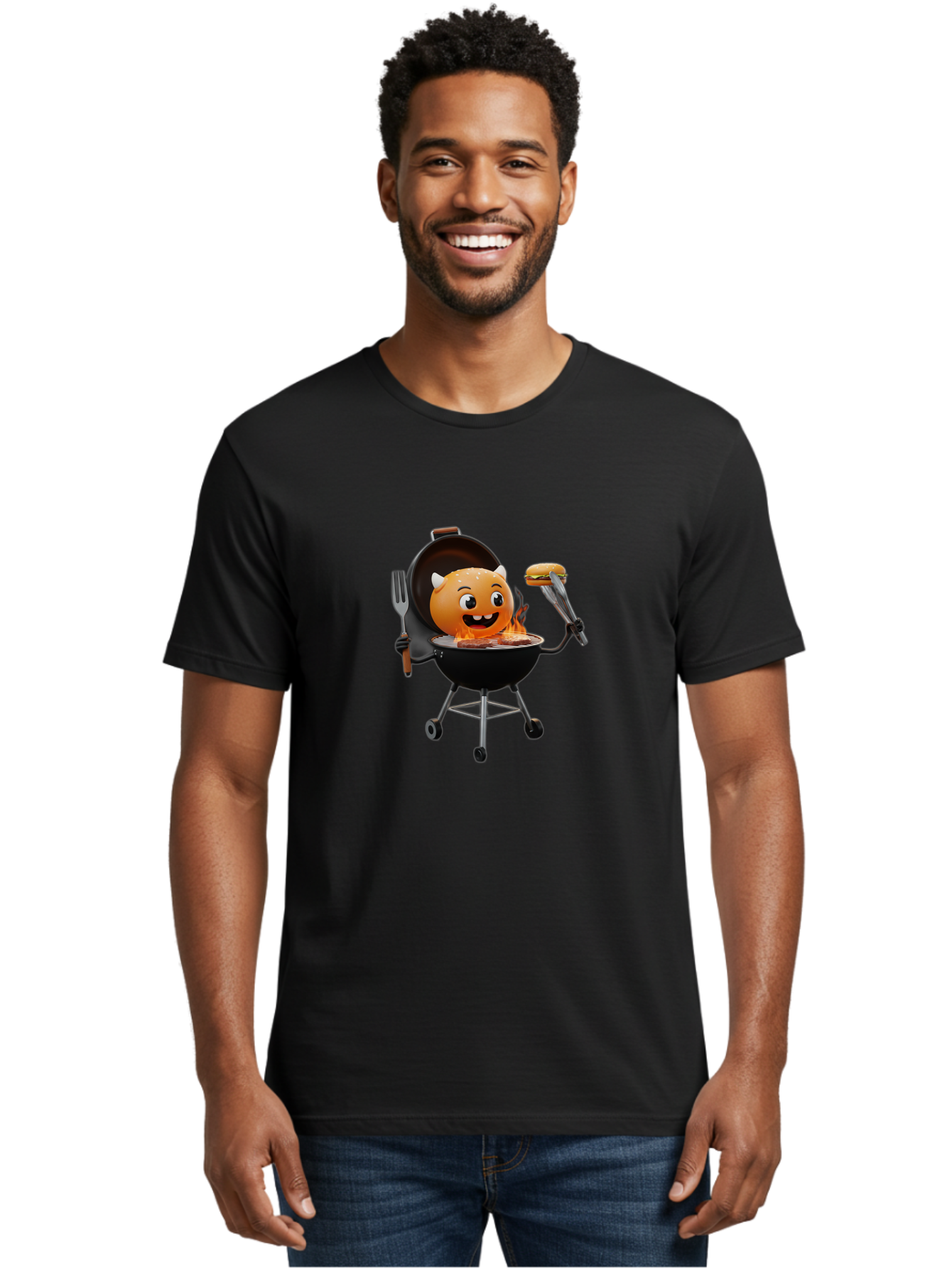 Hot-Sauce-Emoji-On-Bbq Men'S Graphic Tee, 100% Cotton, Comfortable Casual Summer Wear, Machine Washable, Smiling Emoji On Barbecue Grill, Barbecue Accessories, Fork And Tongs, Grilled Hamburger, Cartoon Character, Happy Face, Bac056