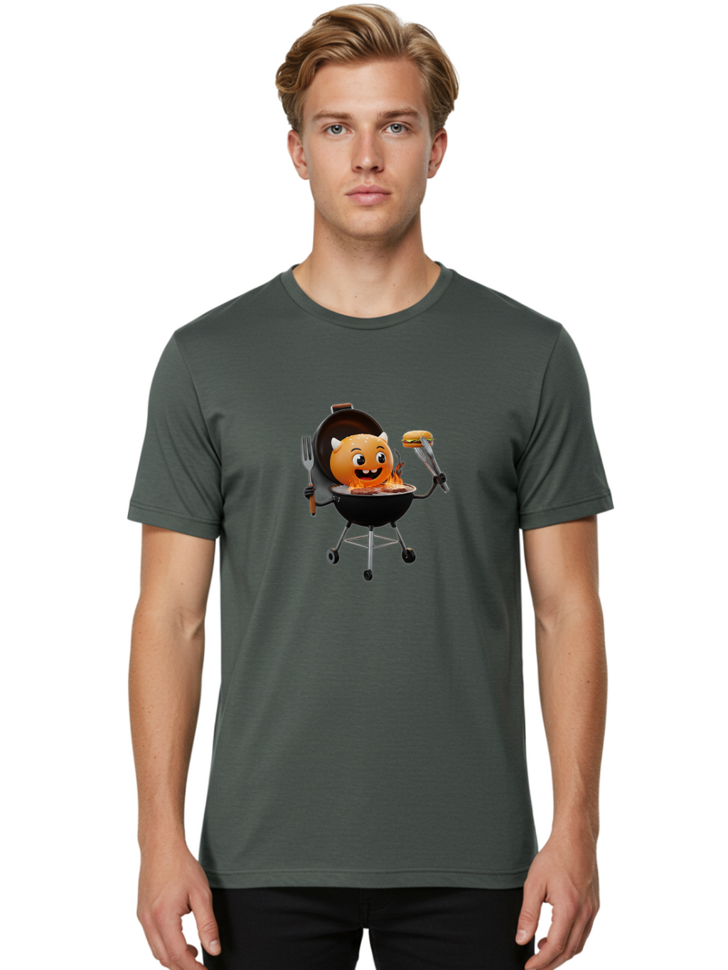 Hot-Sauce-Emoji-On-Bbq Men'S Graphic Tee, 100% Cotton, Comfortable Casual Summer Wear, Machine Washable, Smiling Emoji On Barbecue Grill, Barbecue Accessories, Fork And Tongs, Grilled Hamburger, Cartoon Character, Happy Face, Bac056
