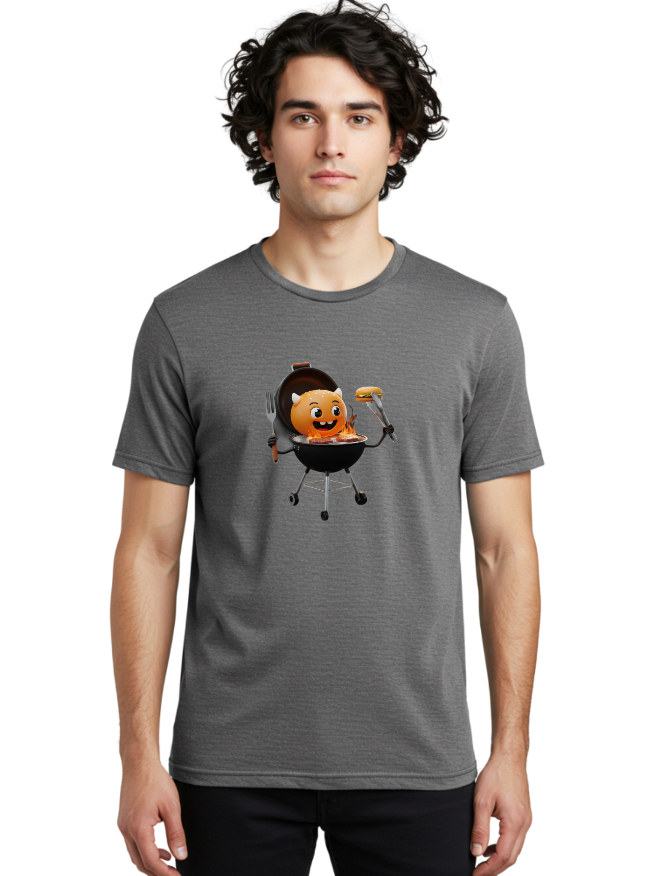 Hot-Sauce-Emoji-On-Bbq Men'S Graphic Tee, 100% Cotton, Comfortable Casual Summer Wear, Machine Washable, Smiling Emoji On Barbecue Grill, Barbecue Accessories, Fork And Tongs, Grilled Hamburger, Cartoon Character, Happy Face, Bac056