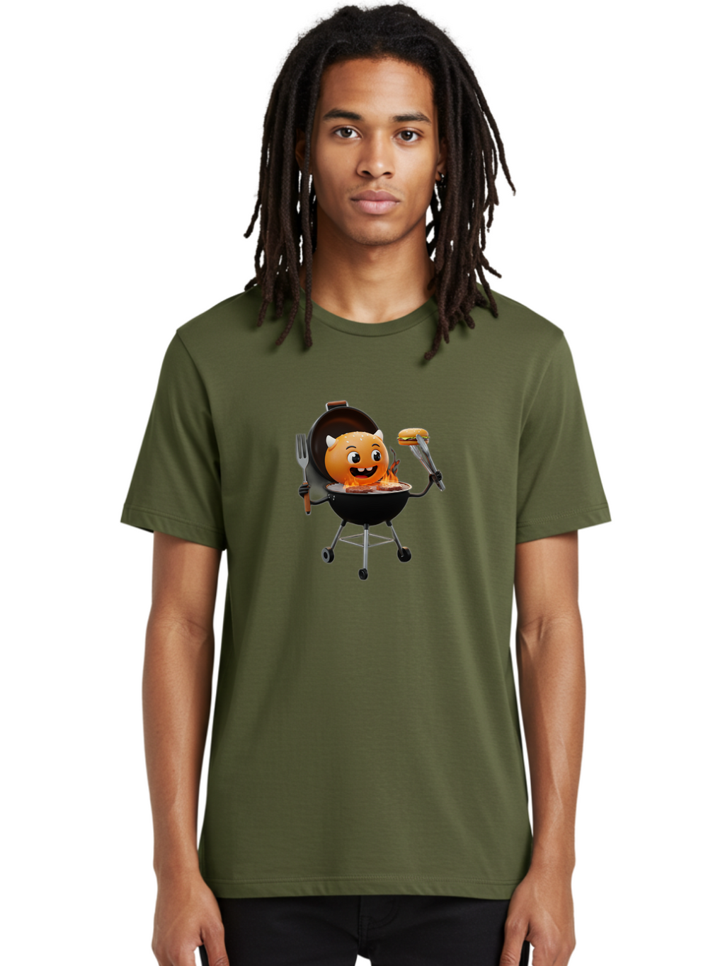 Hot-Sauce-Emoji-On-Bbq Men'S Graphic Tee, 100% Cotton, Comfortable Casual Summer Wear, Machine Washable, Smiling Emoji On Barbecue Grill, Barbecue Accessories, Fork And Tongs, Grilled Hamburger, Cartoon Character, Happy Face, Bac056