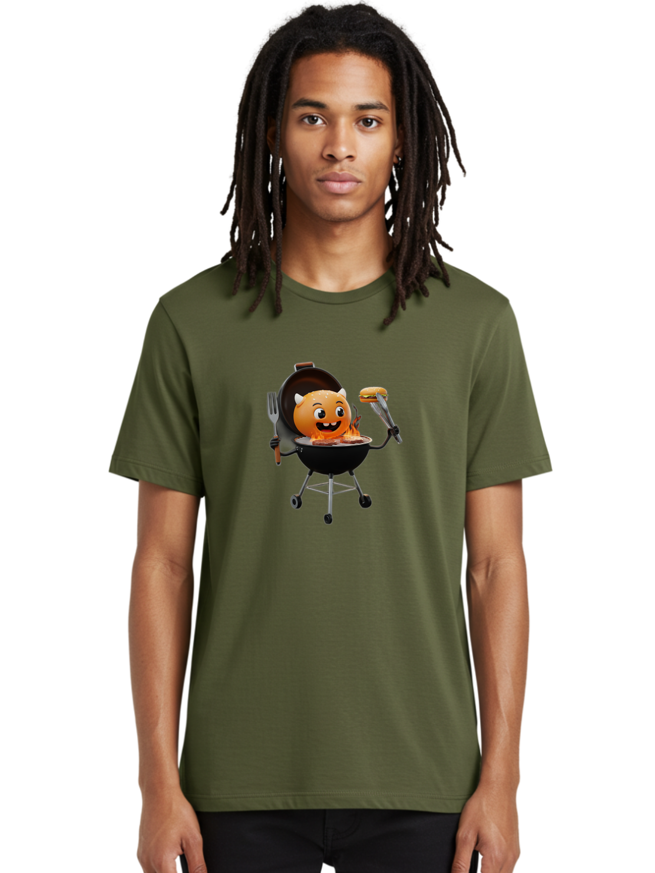 Hot-Sauce-Emoji-On-Bbq Men'S Graphic Tee, 100% Cotton, Comfortable Casual Summer Wear, Machine Washable, Smiling Emoji On Barbecue Grill, Barbecue Accessories, Fork And Tongs, Grilled Hamburger, Cartoon Character, Happy Face, Bac056