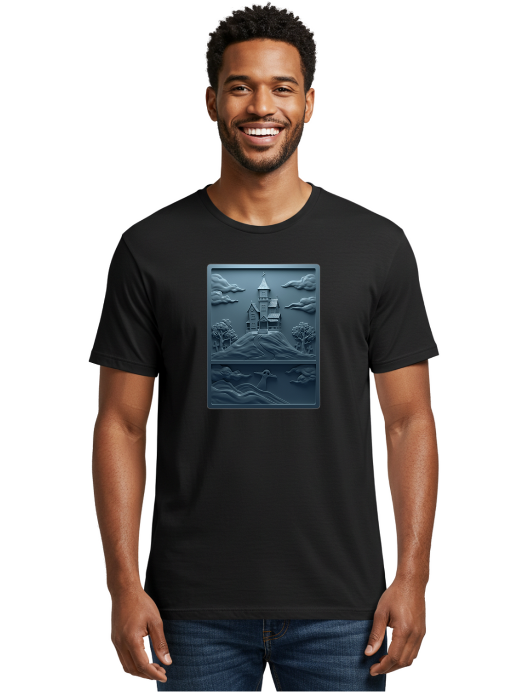 House-On-Hill Men'S Graphic Tee, 100% Cotton, Comfortable Casual Summer Wear, Machine Washable, House On Hill, Serene Landscape, Victorian Architecture, Peaceful Atmosphere, Rolling Hills, Scenic Beauty, Tranquil Scene, Natural Scenery, Bac057