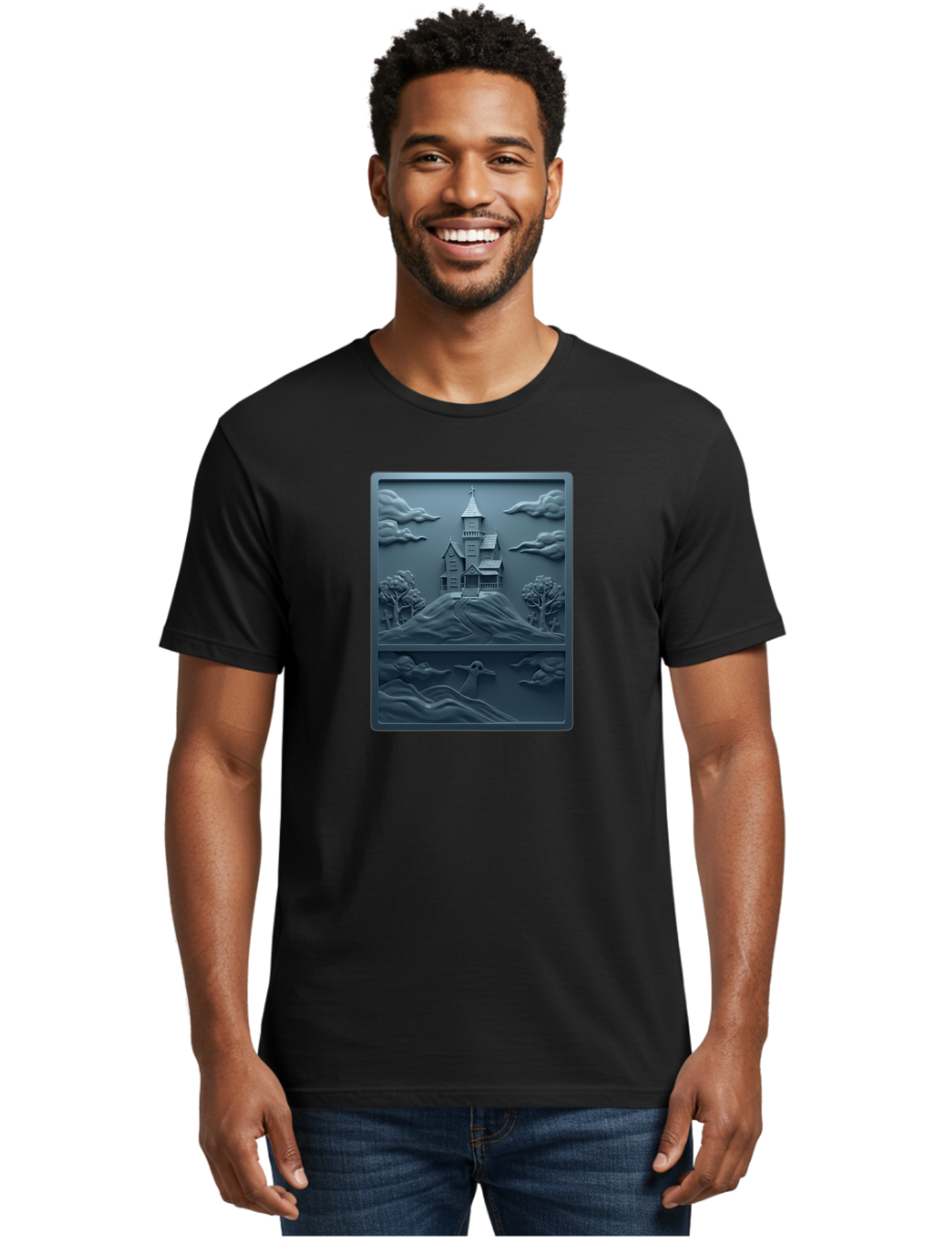 House-On-Hill Men'S Graphic Tee, 100% Cotton, Comfortable Casual Summer Wear, Machine Washable, House On Hill, Serene Landscape, Victorian Architecture, Peaceful Atmosphere, Rolling Hills, Scenic Beauty, Tranquil Scene, Natural Scenery, Bac057