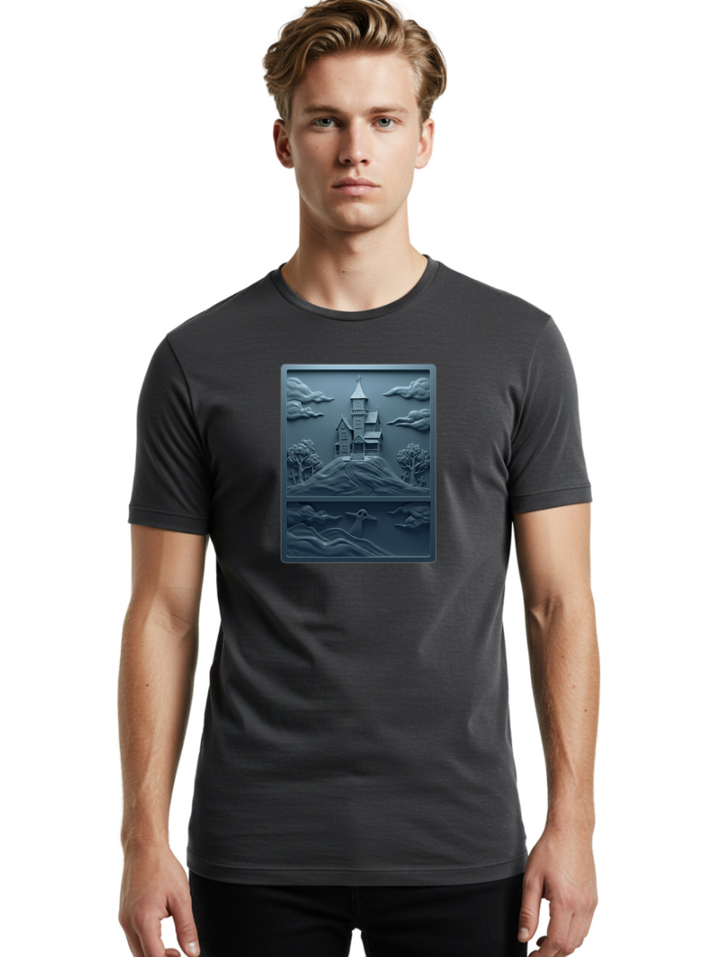 House-On-Hill Men'S Graphic Tee, 100% Cotton, Comfortable Casual Summer Wear, Machine Washable, House On Hill, Serene Landscape, Victorian Architecture, Peaceful Atmosphere, Rolling Hills, Scenic Beauty, Tranquil Scene, Natural Scenery, Bac057