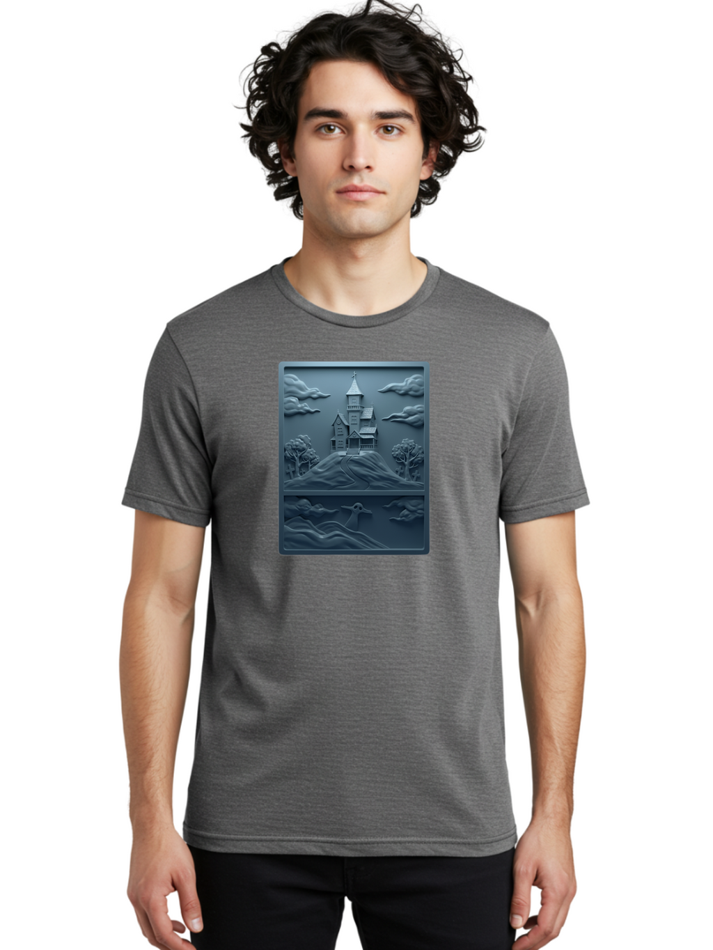 House-On-Hill Men'S Graphic Tee, 100% Cotton, Comfortable Casual Summer Wear, Machine Washable, House On Hill, Serene Landscape, Victorian Architecture, Peaceful Atmosphere, Rolling Hills, Scenic Beauty, Tranquil Scene, Natural Scenery, Bac057