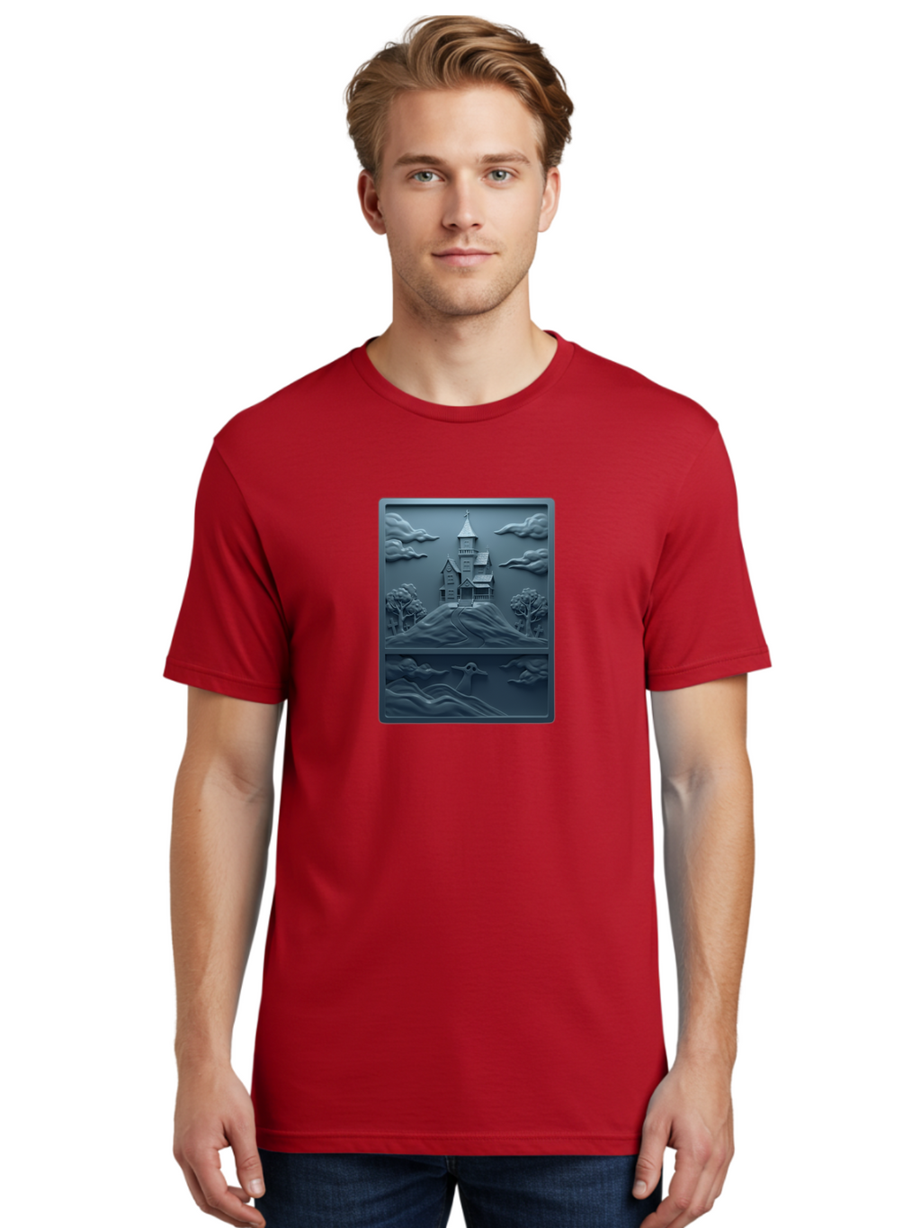 House-On-Hill Men'S Graphic Tee, 100% Cotton, Comfortable Casual Summer Wear, Machine Washable, House On Hill, Serene Landscape, Victorian Architecture, Peaceful Atmosphere, Rolling Hills, Scenic Beauty, Tranquil Scene, Natural Scenery, Bac057