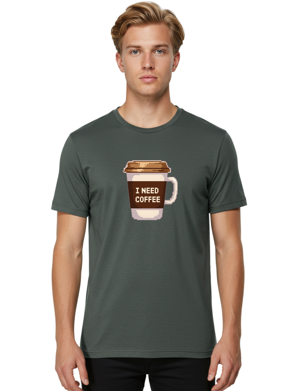 I-Need-Coffee-12 Men'S Graphic Tee, 100% Cotton, Comfortable Casual Summer Wear, Machine Washable, Coffee Cup, Coffee Sleeve, Pixel Art, Coffee Lover, Caffeine Fix, Morning Coffee, Coffee Addiction, Coffee Culture Bac061