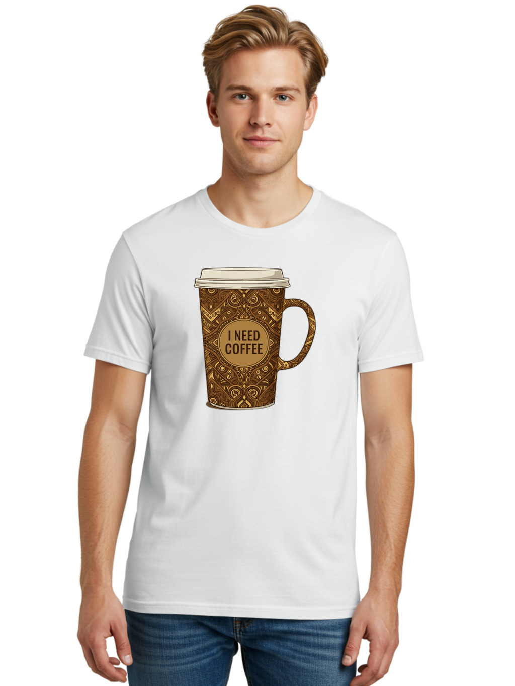 I-Need-Coffee-14 Men'S Graphic Tee, 100% Cotton, Comfortable Casual Summer Wear, Machine Washable, Coffee Cup, Takeaway Coffee, Coffee Lover, Morning Coffee, Coffee Break, Coffee Time, Coffee Addiction, Coffee Culture, Coffee Design, Bac063