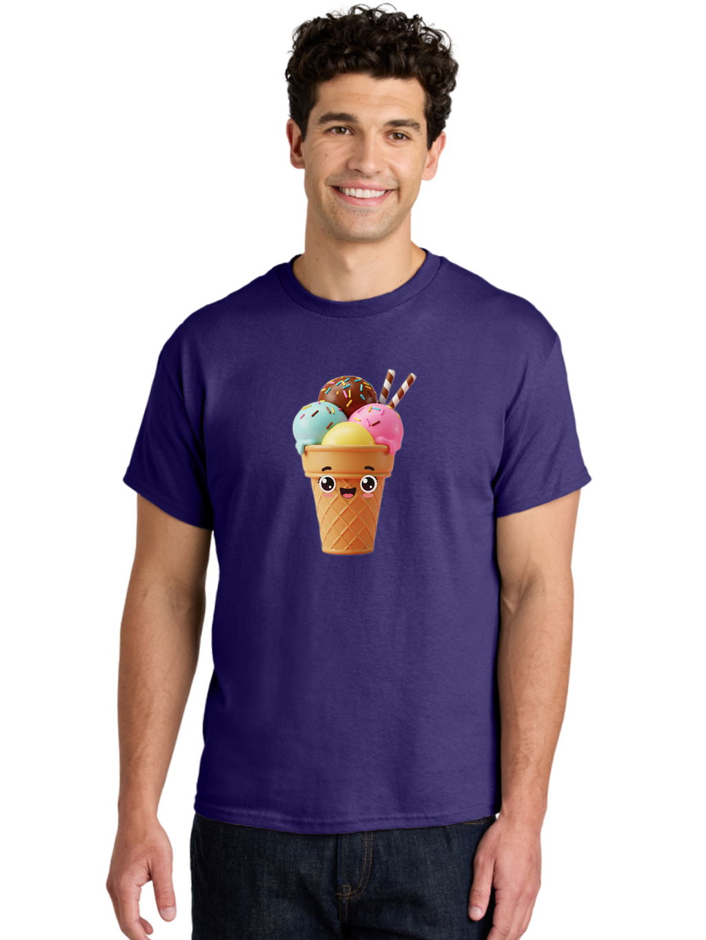 Ice-Cream-Cone Men'S Graphic Tee, 100% Cotton, Comfortable Casual Summer Wear, Machine Washable, Colorful Ice Cream, Four Scoops, Sprinkles, Cartoon Character, Happy Face, Ice Cream Cone, Sweet Treats, Dessert, Fun Food, Playful Dessert, Bac075