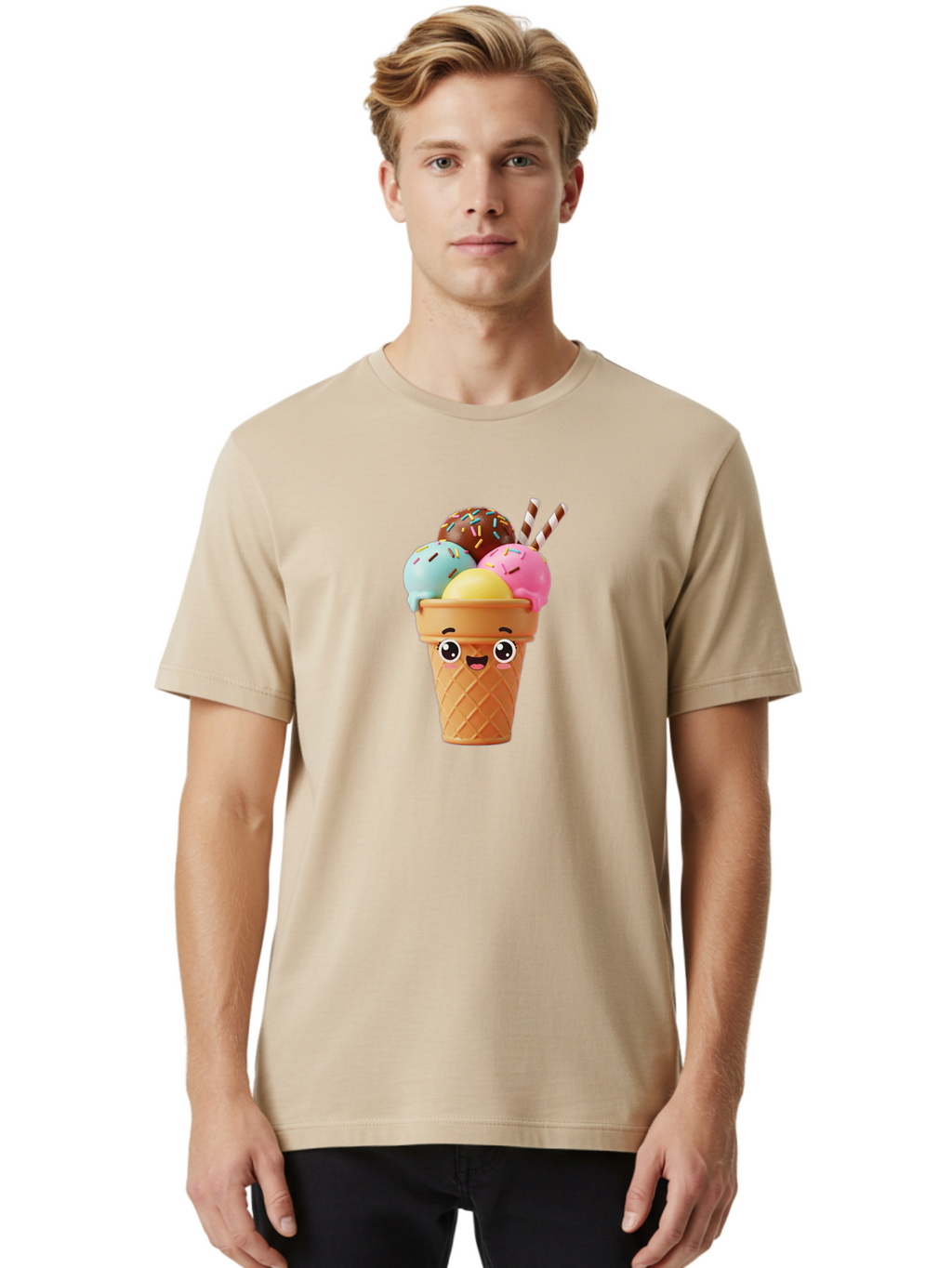 Ice-Cream-Cone Men'S Graphic Tee, 100% Cotton, Comfortable Casual Summer Wear, Machine Washable, Colorful Ice Cream, Four Scoops, Sprinkles, Cartoon Character, Happy Face, Ice Cream Cone, Sweet Treats, Dessert, Fun Food, Playful Dessert, Bac075