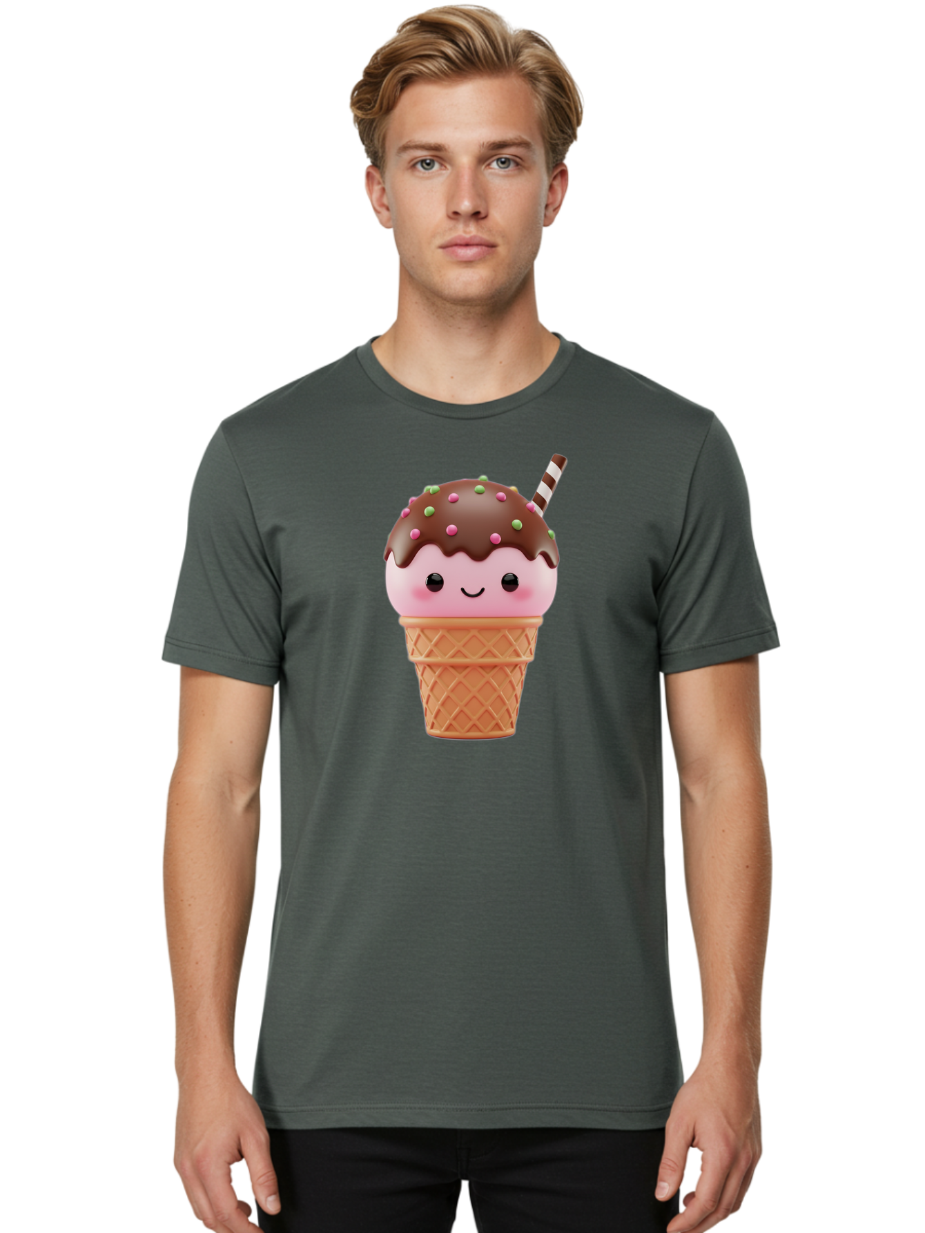 Ice-Cream Men'S Graphic Tee, 100% Cotton, Comfortable Casual Summer Wear, Machine Washable, Pink Ice Cream, Chocolate Sauce, Sprinkles, Ice Cream Cone, Waffle Cone, Dessert, Sweet Treat, Cartoon Character, Kawaii, Cute Illustration, Bac076