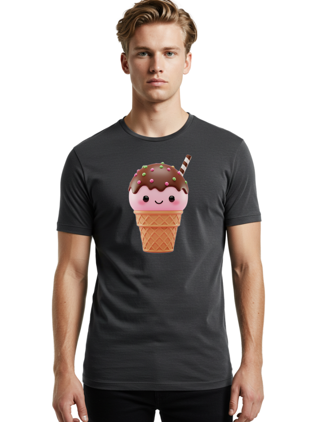 Ice-Cream Men'S Graphic Tee, 100% Cotton, Comfortable Casual Summer Wear, Machine Washable, Pink Ice Cream, Chocolate Sauce, Sprinkles, Ice Cream Cone, Waffle Cone, Dessert, Sweet Treat, Cartoon Character, Kawaii, Cute Illustration, Bac076