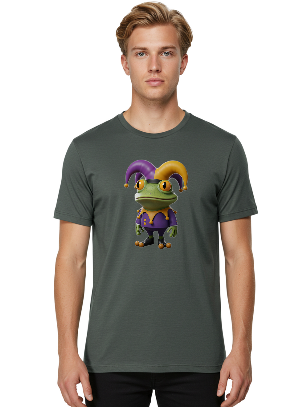 Jester-Frog Men'S Graphic Tee, 100% Cotton, Comfortable Casual Summer Wear, Machine Washable, Frog Character, Cartoon Style, Jester Costume, Purple And Yellow, 3D Rendering, Fantasy Creature, Comedic Design, Jester Hat, Froggy Illustration Bac078