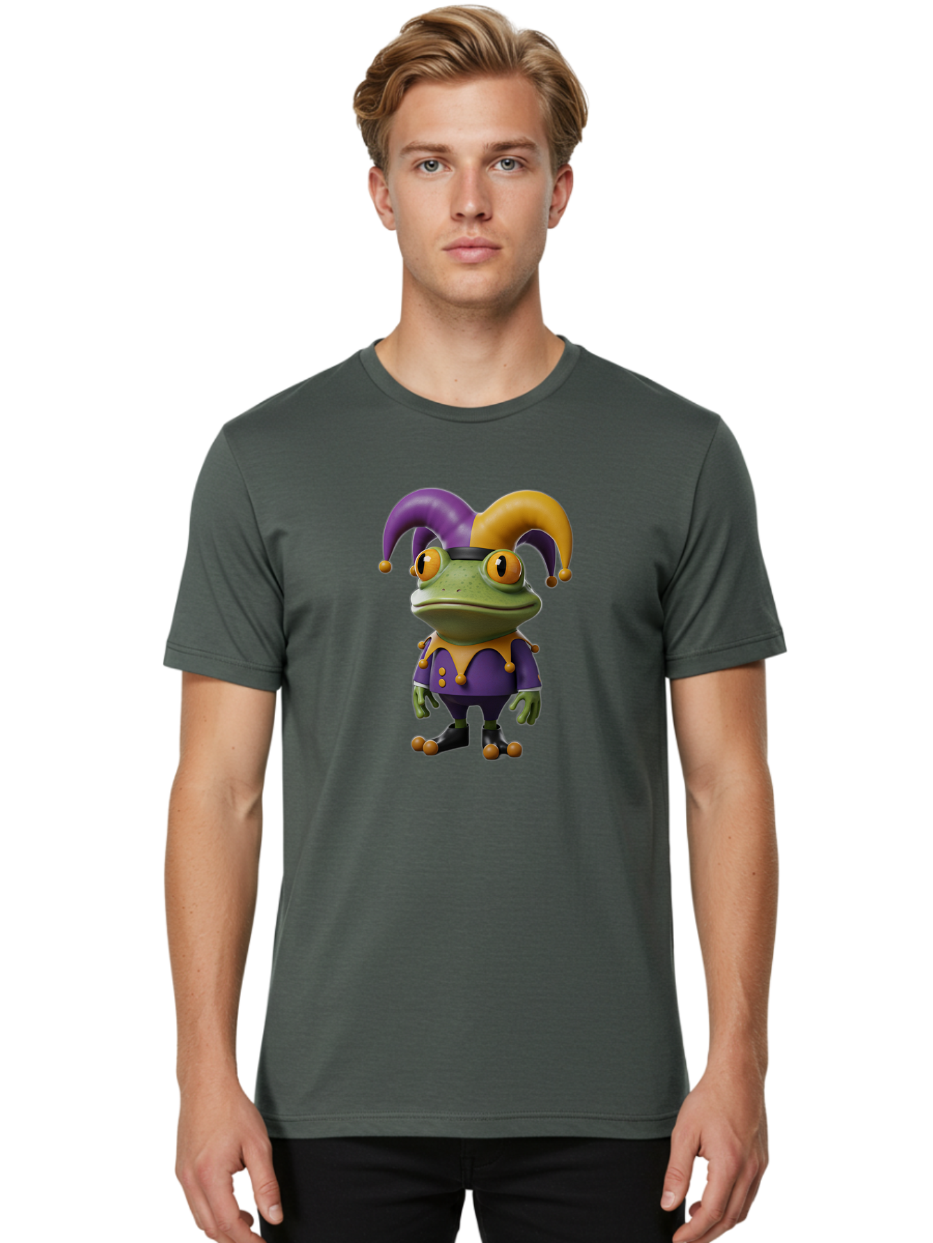 Jester-Frog Men'S Graphic Tee, 100% Cotton, Comfortable Casual Summer Wear, Machine Washable, Frog Character, Cartoon Style, Jester Costume, Purple And Yellow, 3D Rendering, Fantasy Creature, Comedic Design, Jester Hat, Froggy Illustration Bac078