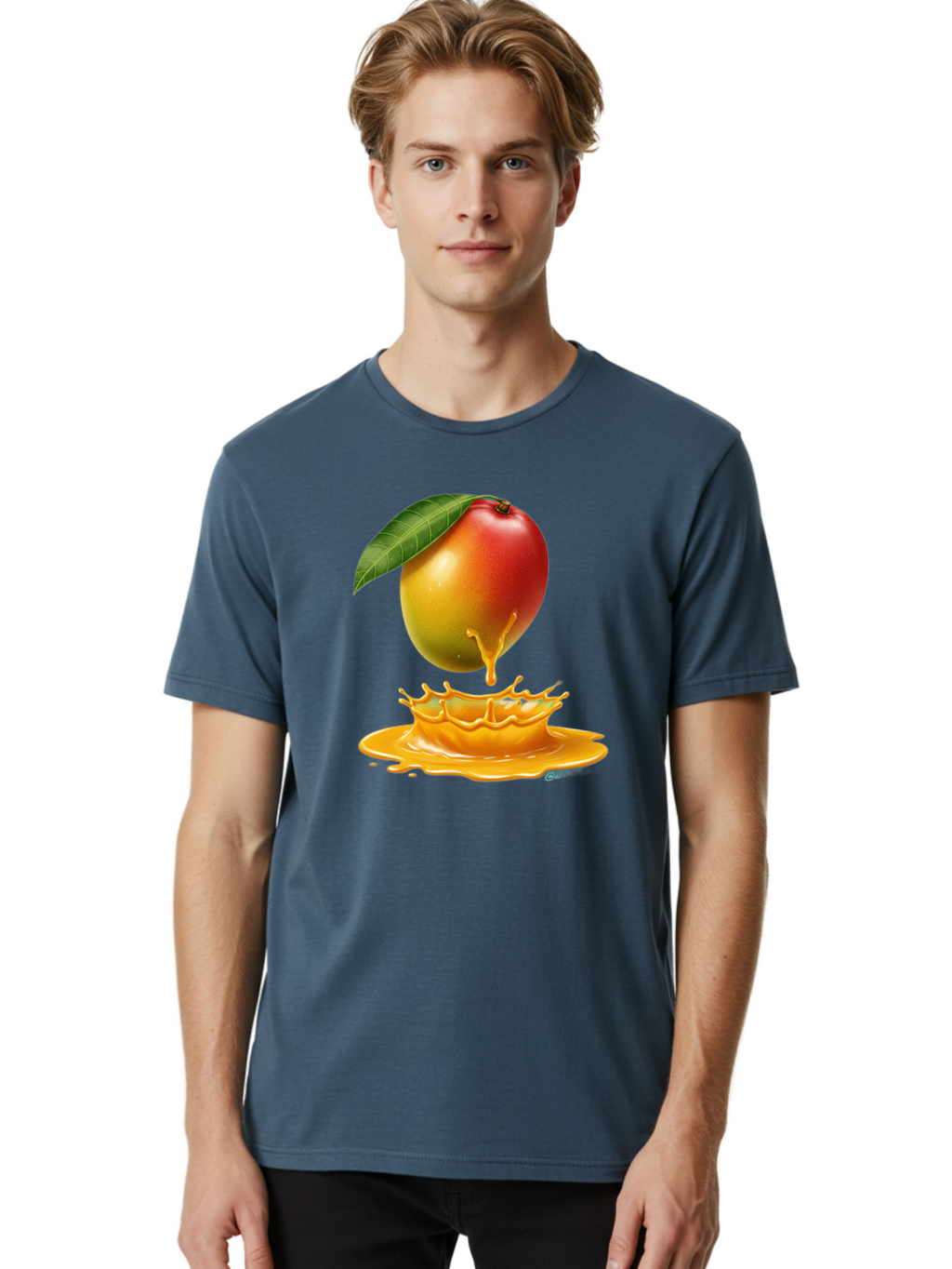 Juicy-Mango Men'S Graphic Tee, 100% Cotton, Comfortable Casual Summer Wear, Machine Washable, Juicy Mango, Mango Juice Splash, Fresh Fruit, Vibrant Colors, Ripe Mango, Mango Pulp, Splash Effect, Sweet And Tangy Bac079