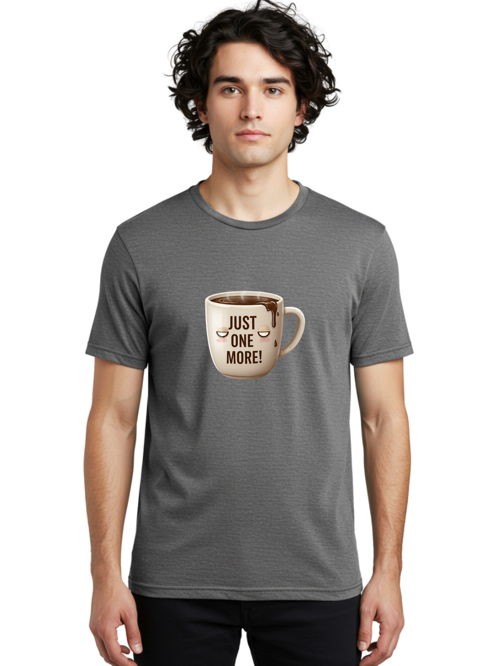 Just-One-More-1 Men'S Graphic Tee, 100% Cotton, Comfortable Casual Summer Wear, Machine Washable, Coffee Mug, Hot Chocolate, Morning Coffee, Funny Quote, Cute Design, Coffee Lover, Humorous Phrase, Adorable Character Bac080