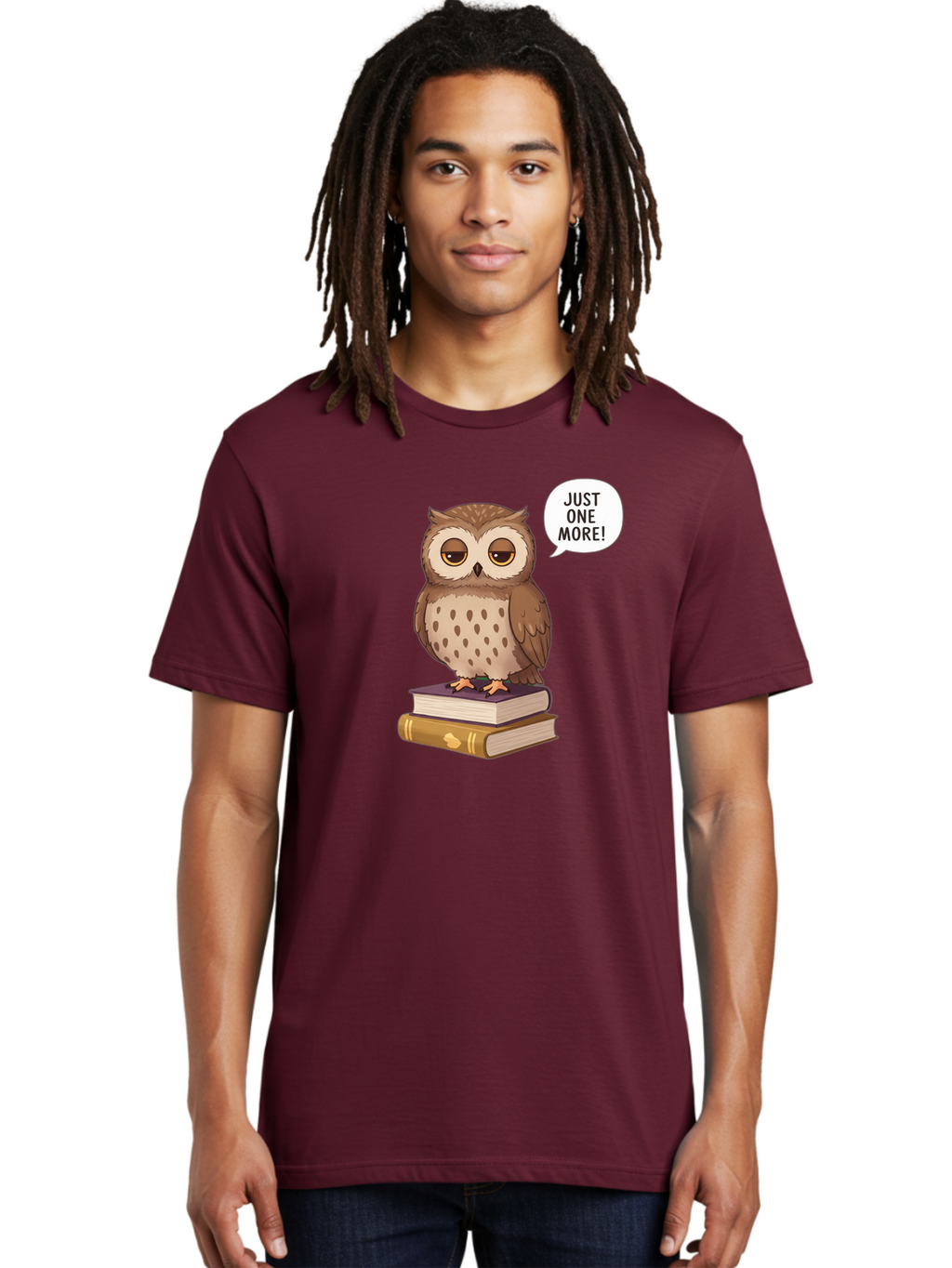 Just-One-More-3 Men'S Graphic Tee, 100% Cotton, Comfortable Casual Summer Wear, Machine Washable, Owl On Books, Reading Owl, Book Lover, Just One More, Cartoon Owl, Humorous Illustration, Reading Addiction, Brown Owl, Book Stack, Adorable Owl Bac082