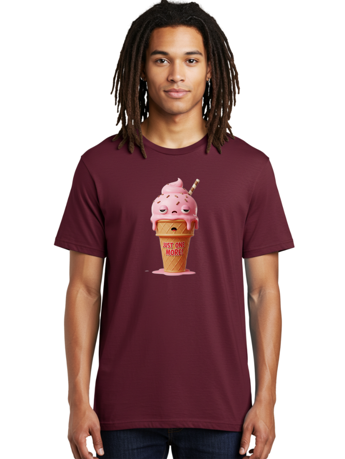 Just-One-More-4 Men'S Graphic Tee, 100% Cotton, Comfortable Casual Summer Wear, Machine Washable, Ice Cream Cone, Pink Ice Cream, Melting Ice Cream, Cartoon Character, Playful Design, Sweet Treats, Just One More, Fun And Quirky, Bac083