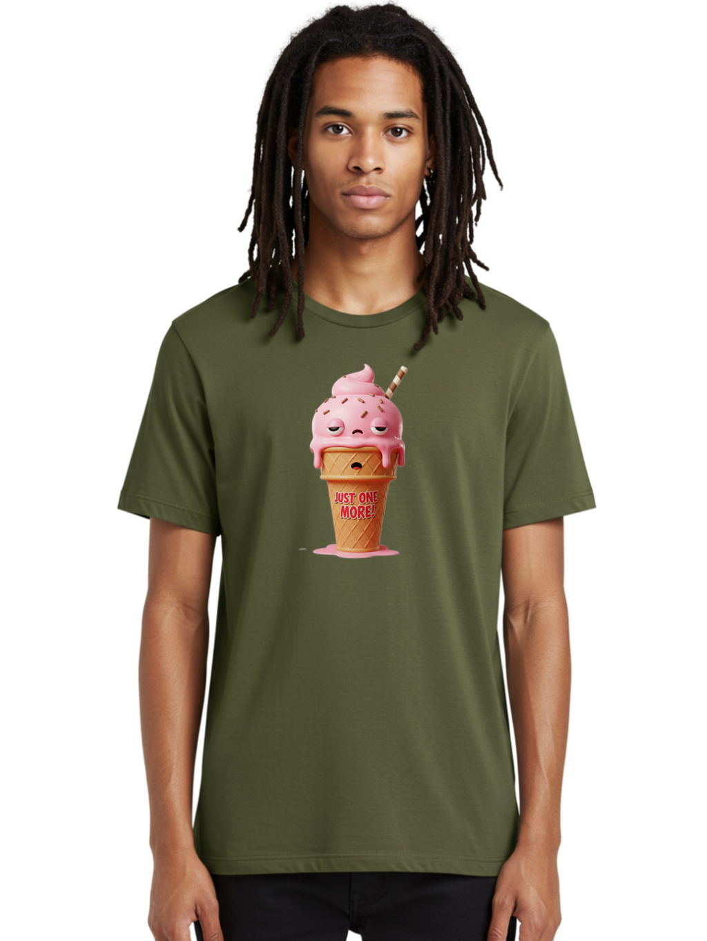 Just-One-More-4 Men'S Graphic Tee, 100% Cotton, Comfortable Casual Summer Wear, Machine Washable, Ice Cream Cone, Pink Ice Cream, Melting Ice Cream, Cartoon Character, Playful Design, Sweet Treats, Just One More, Fun And Quirky, Bac083