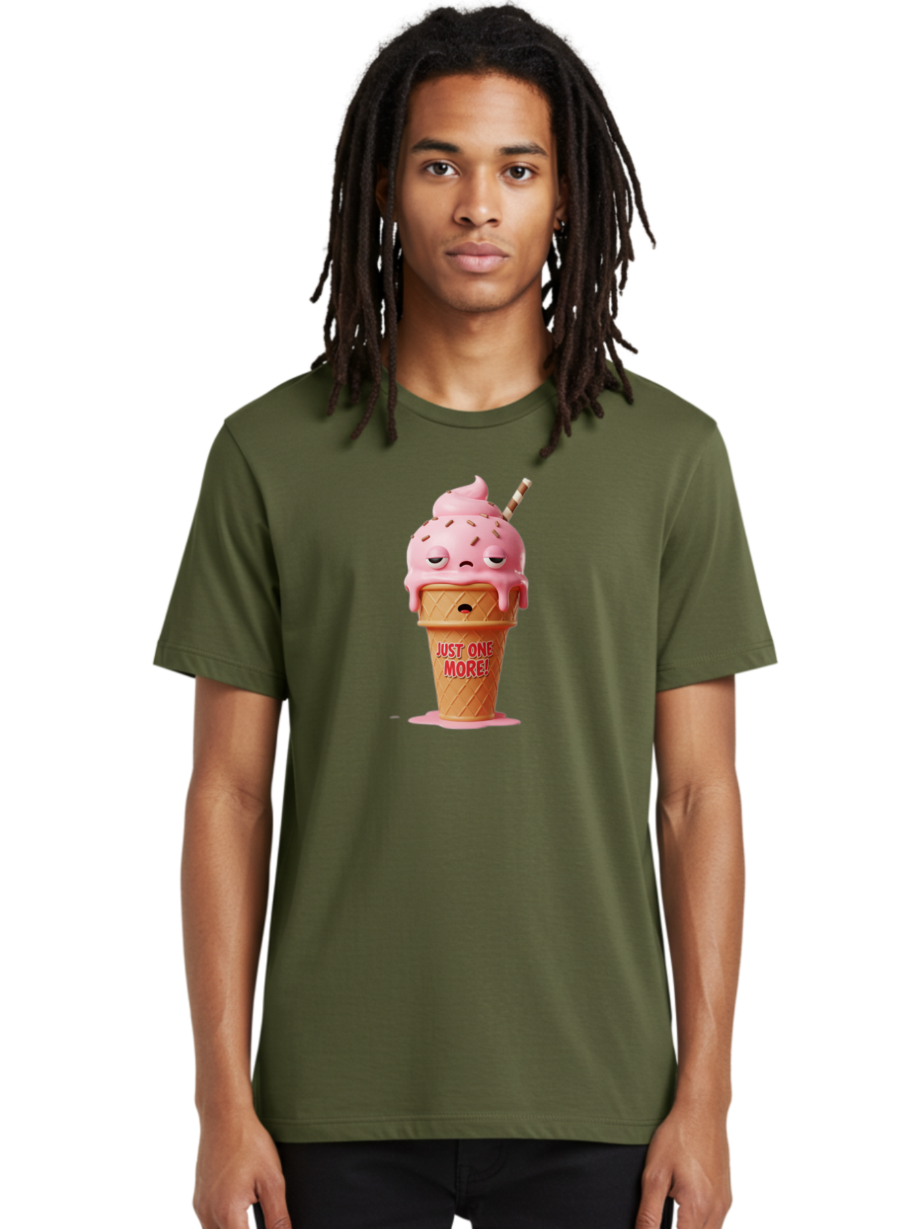 Just-One-More-4 Men'S Graphic Tee, 100% Cotton, Comfortable Casual Summer Wear, Machine Washable, Ice Cream Cone, Pink Ice Cream, Melting Ice Cream, Cartoon Character, Playful Design, Sweet Treats, Just One More, Fun And Quirky, Bac083