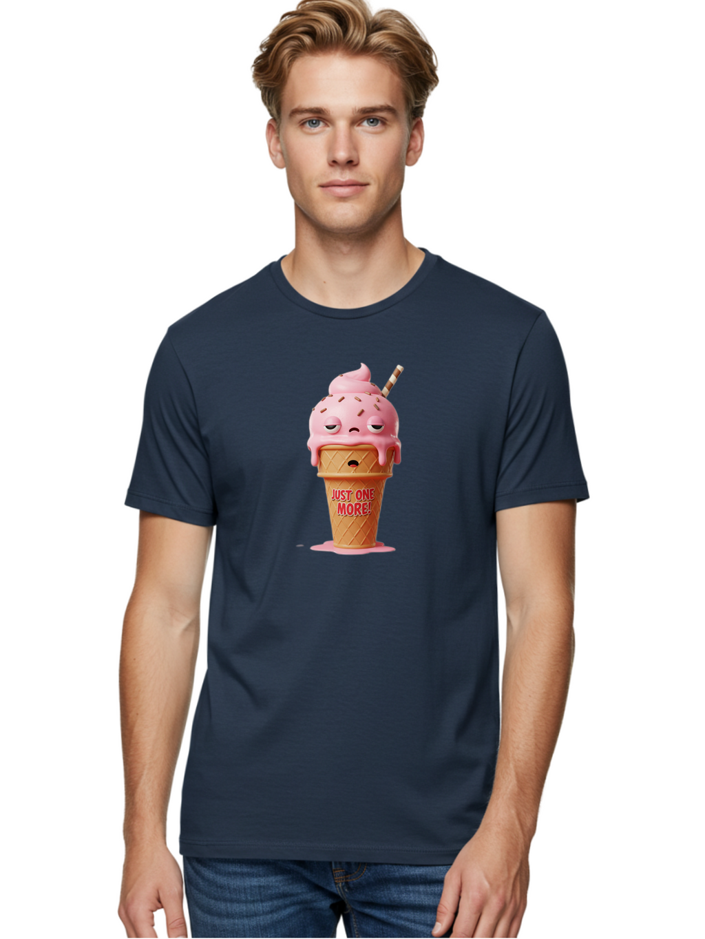Just-One-More-4 Men'S Graphic Tee, 100% Cotton, Comfortable Casual Summer Wear, Machine Washable, Ice Cream Cone, Pink Ice Cream, Melting Ice Cream, Cartoon Character, Playful Design, Sweet Treats, Just One More, Fun And Quirky, Bac083