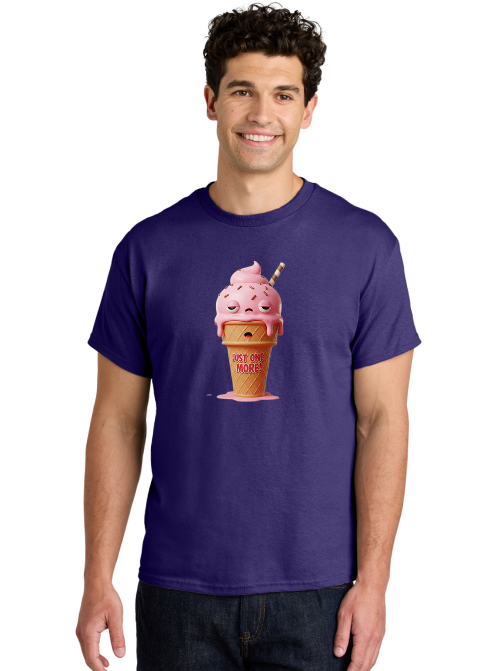Just-One-More-4 Men'S Graphic Tee, 100% Cotton, Comfortable Casual Summer Wear, Machine Washable, Ice Cream Cone, Pink Ice Cream, Melting Ice Cream, Cartoon Character, Playful Design, Sweet Treats, Just One More, Fun And Quirky, Bac083