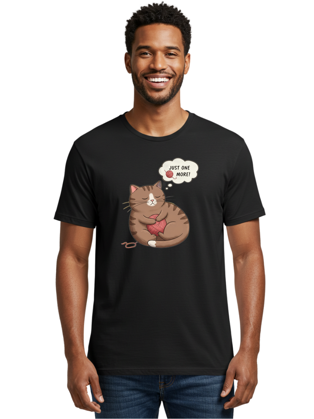 Just-One-More Men'S Graphic Tee, 100% Cotton, Comfortable Casual Summer Wear, Machine Washable, Cat Hugging Yarn Ball, Cartoon Cat, Cute Animal, Funny Meme, Knitting Humor, Adorable Feline, Playful Kitty, Cat Love, Yarn Obsession, Bac084