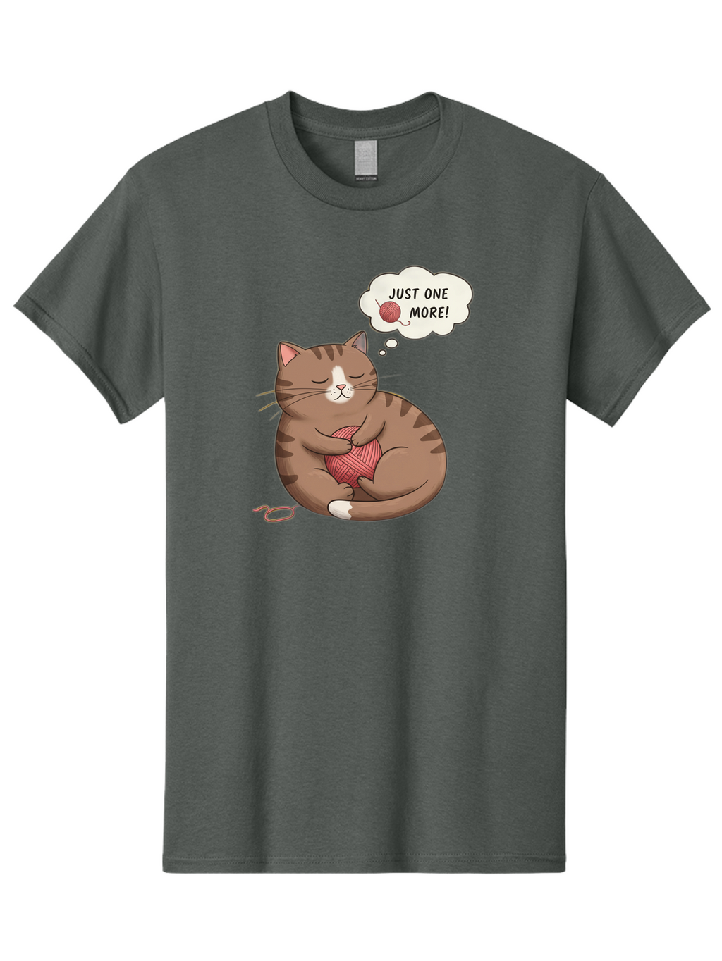 Just-One-More Men'S Graphic Tee, 100% Cotton, Comfortable Casual Summer Wear, Machine Washable, Cat Hugging Yarn Ball, Cartoon Cat, Cute Animal, Funny Meme, Knitting Humor, Adorable Feline, Playful Kitty, Cat Love, Yarn Obsession, Bac084