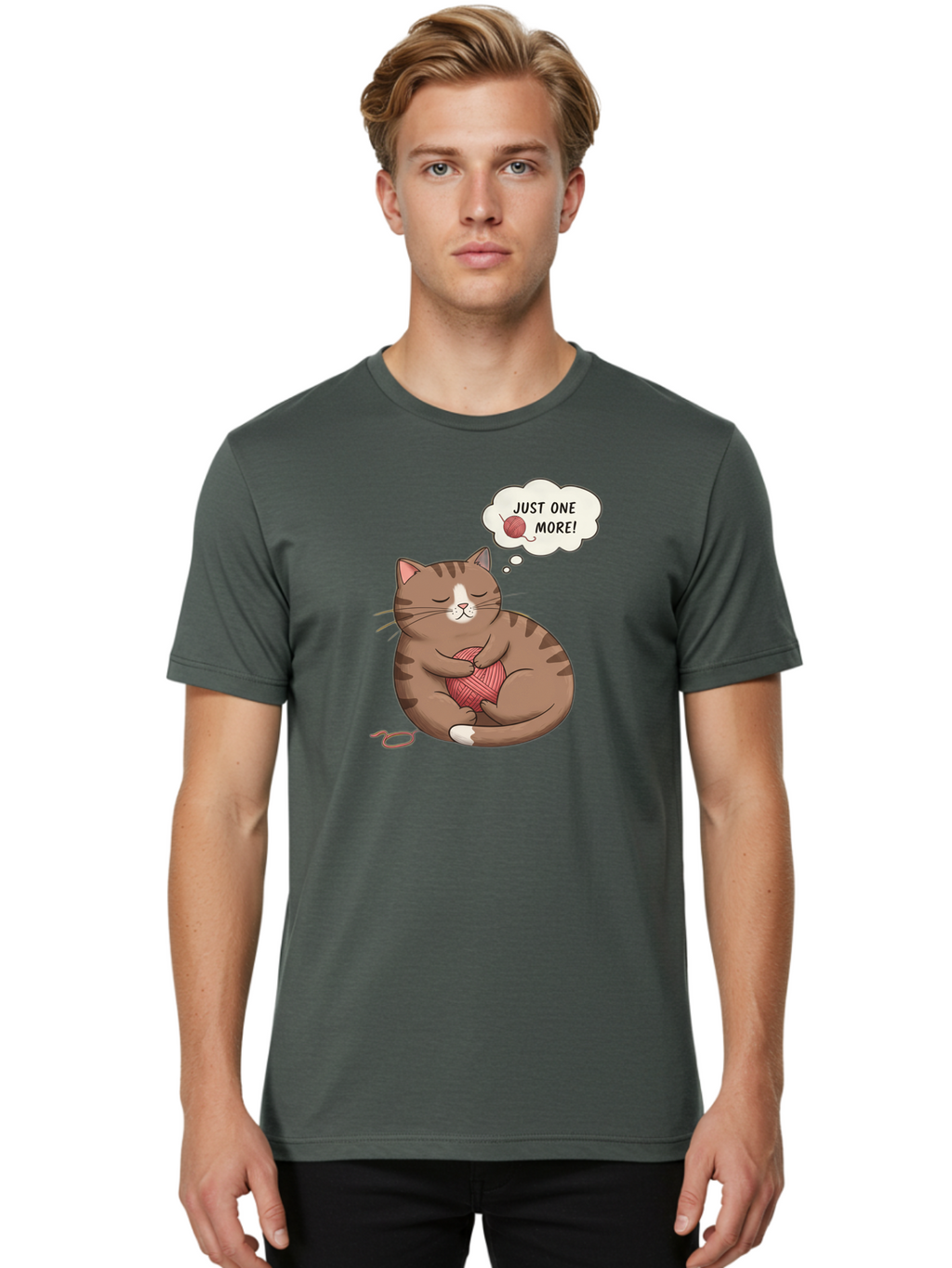 Just-One-More Men'S Graphic Tee, 100% Cotton, Comfortable Casual Summer Wear, Machine Washable, Cat Hugging Yarn Ball, Cartoon Cat, Cute Animal, Funny Meme, Knitting Humor, Adorable Feline, Playful Kitty, Cat Love, Yarn Obsession, Bac084