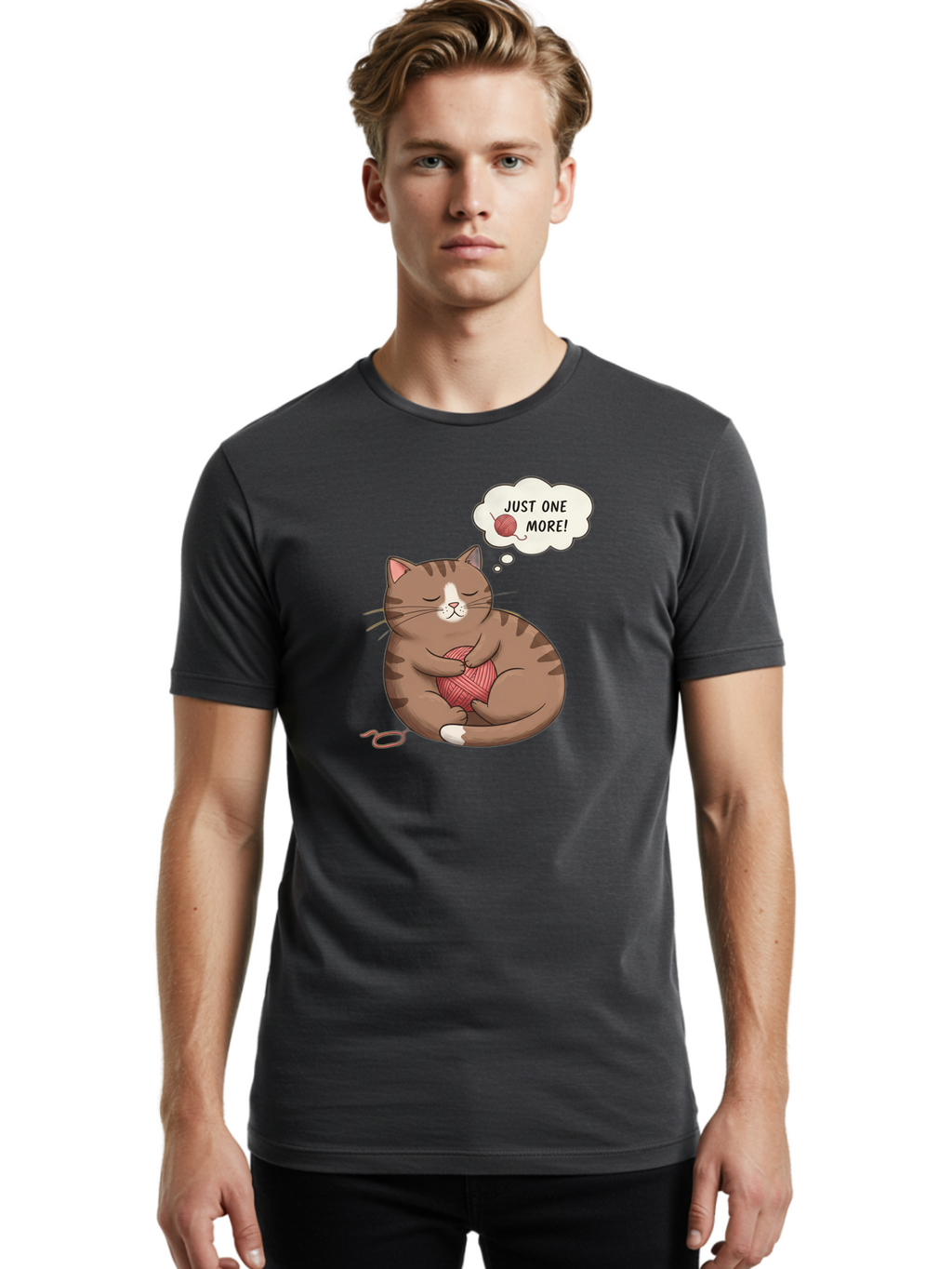 Just-One-More Men'S Graphic Tee, 100% Cotton, Comfortable Casual Summer Wear, Machine Washable, Cat Hugging Yarn Ball, Cartoon Cat, Cute Animal, Funny Meme, Knitting Humor, Adorable Feline, Playful Kitty, Cat Love, Yarn Obsession, Bac084