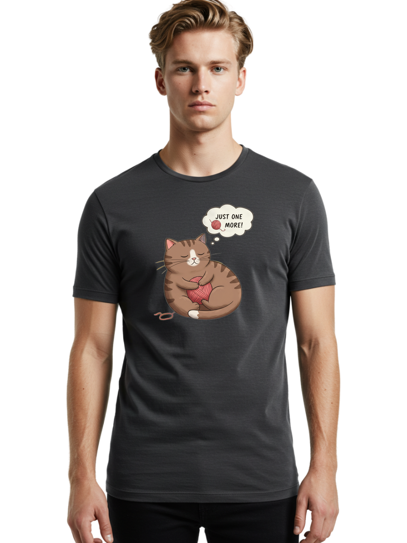 Just-One-More Men'S Graphic Tee, 100% Cotton, Comfortable Casual Summer Wear, Machine Washable, Cat Hugging Yarn Ball, Cartoon Cat, Cute Animal, Funny Meme, Knitting Humor, Adorable Feline, Playful Kitty, Cat Love, Yarn Obsession, Bac084