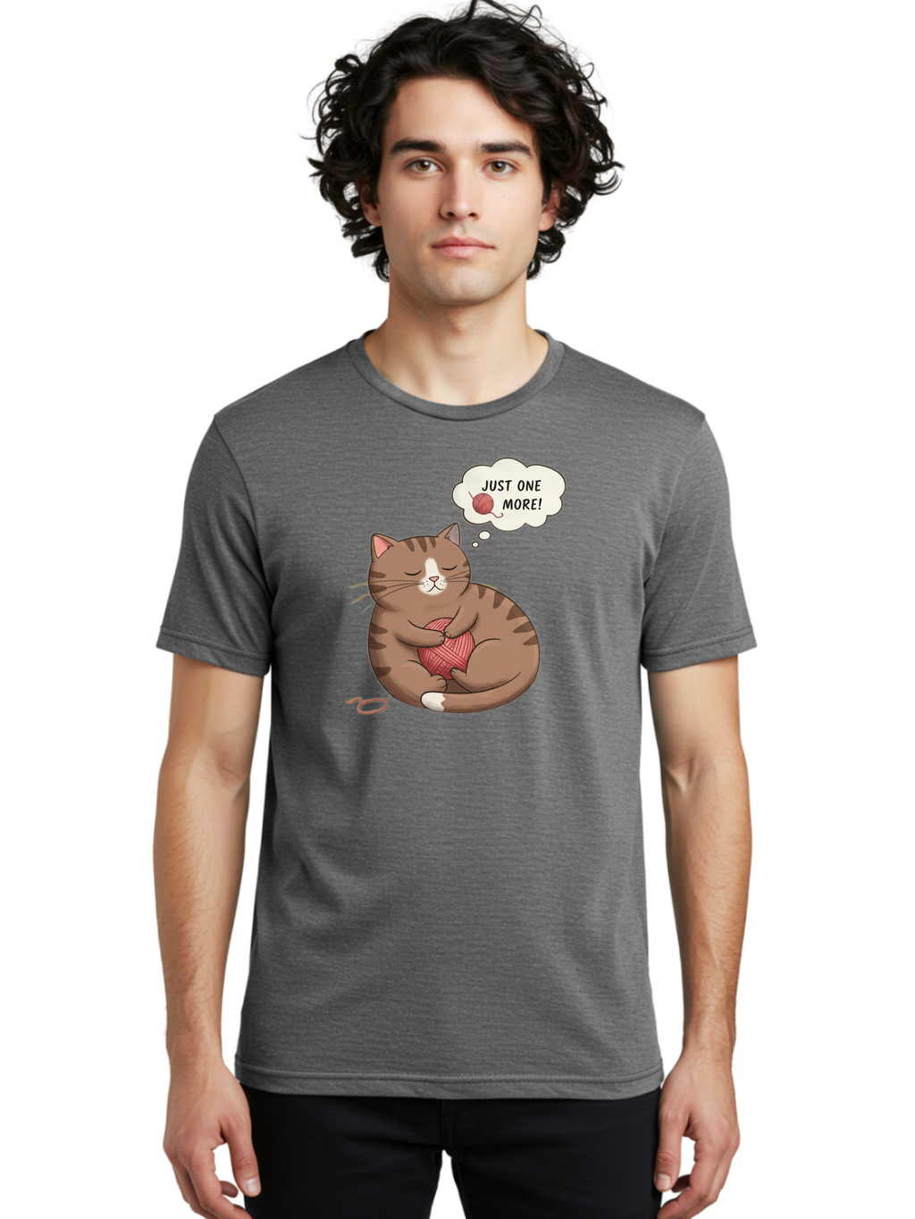 Just-One-More Men'S Graphic Tee, 100% Cotton, Comfortable Casual Summer Wear, Machine Washable, Cat Hugging Yarn Ball, Cartoon Cat, Cute Animal, Funny Meme, Knitting Humor, Adorable Feline, Playful Kitty, Cat Love, Yarn Obsession, Bac084