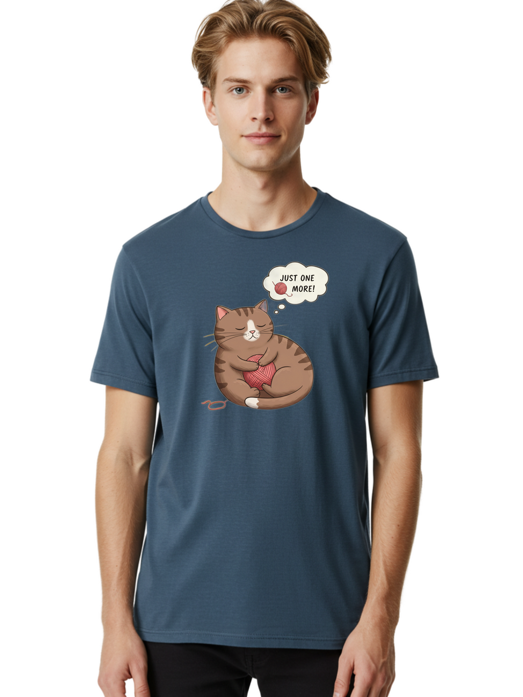 Just-One-More Men'S Graphic Tee, 100% Cotton, Comfortable Casual Summer Wear, Machine Washable, Cat Hugging Yarn Ball, Cartoon Cat, Cute Animal, Funny Meme, Knitting Humor, Adorable Feline, Playful Kitty, Cat Love, Yarn Obsession, Bac084