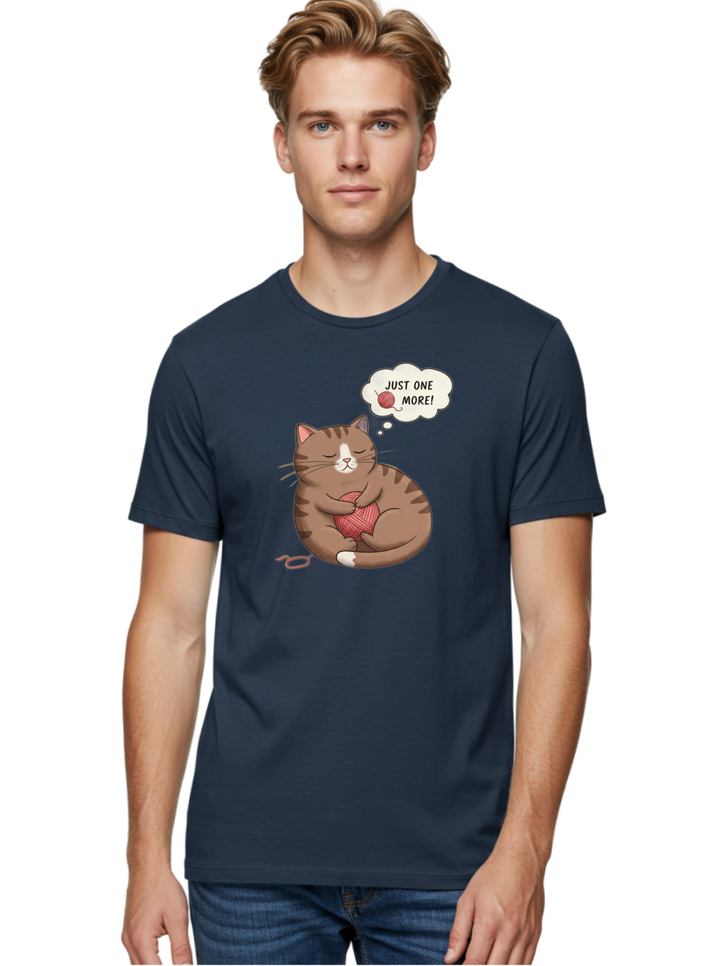Just-One-More Men'S Graphic Tee, 100% Cotton, Comfortable Casual Summer Wear, Machine Washable, Cat Hugging Yarn Ball, Cartoon Cat, Cute Animal, Funny Meme, Knitting Humor, Adorable Feline, Playful Kitty, Cat Love, Yarn Obsession, Bac084