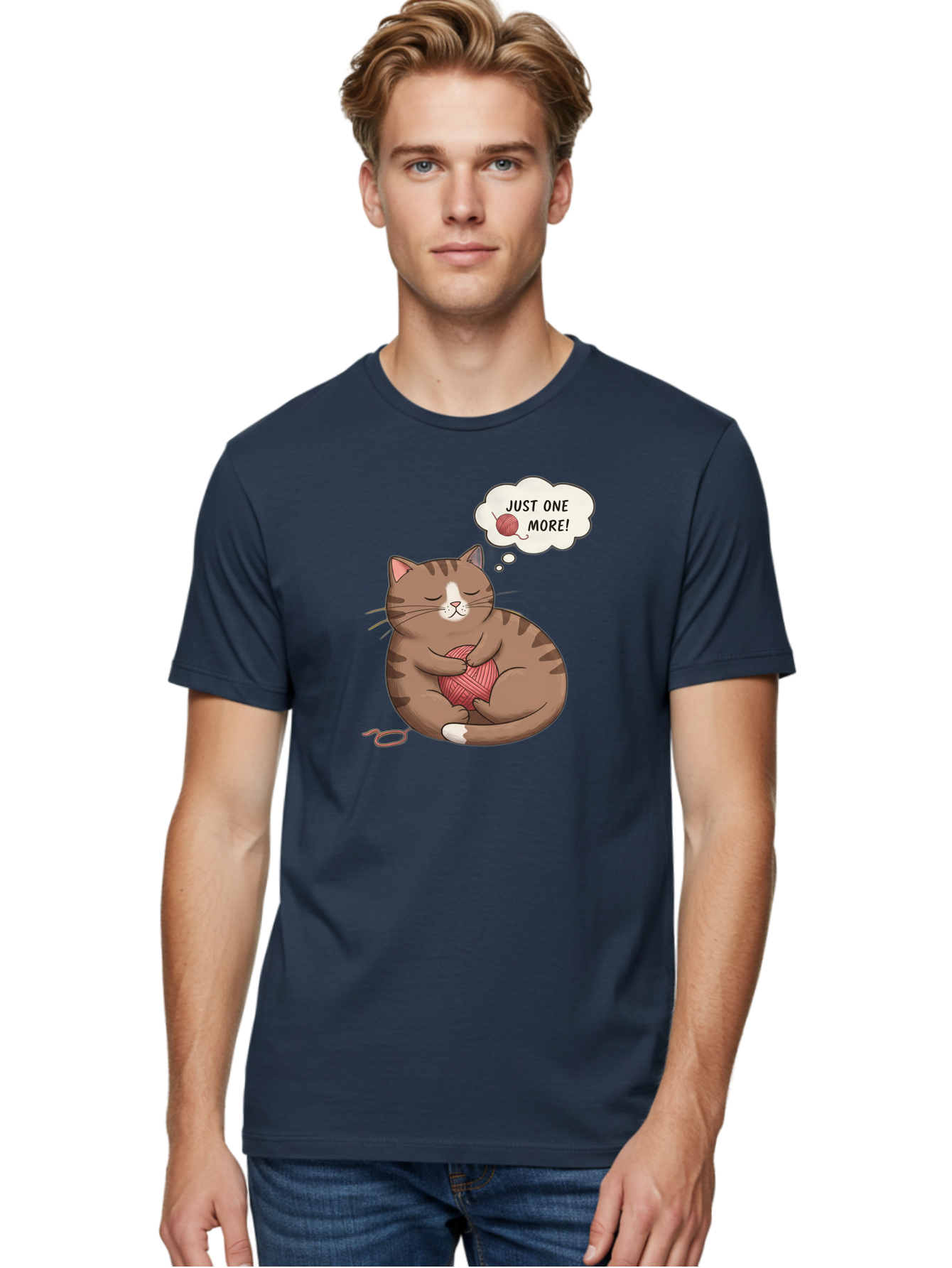 Just-One-More Men'S Graphic Tee, 100% Cotton, Comfortable Casual Summer Wear, Machine Washable, Cat Hugging Yarn Ball, Cartoon Cat, Cute Animal, Funny Meme, Knitting Humor, Adorable Feline, Playful Kitty, Cat Love, Yarn Obsession, Bac084