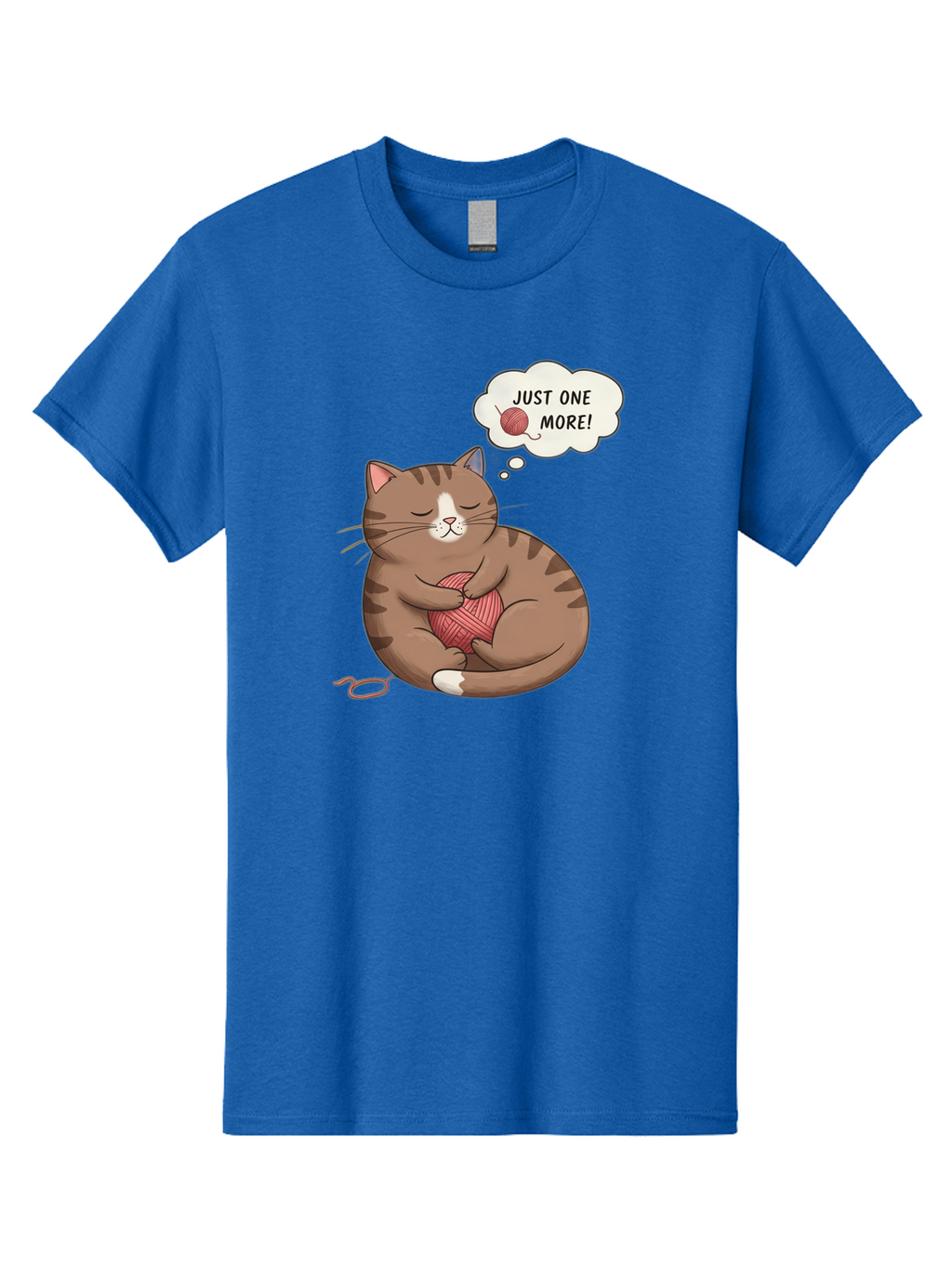 Just-One-More Men'S Graphic Tee, 100% Cotton, Comfortable Casual Summer Wear, Machine Washable, Cat Hugging Yarn Ball, Cartoon Cat, Cute Animal, Funny Meme, Knitting Humor, Adorable Feline, Playful Kitty, Cat Love, Yarn Obsession, Bac084