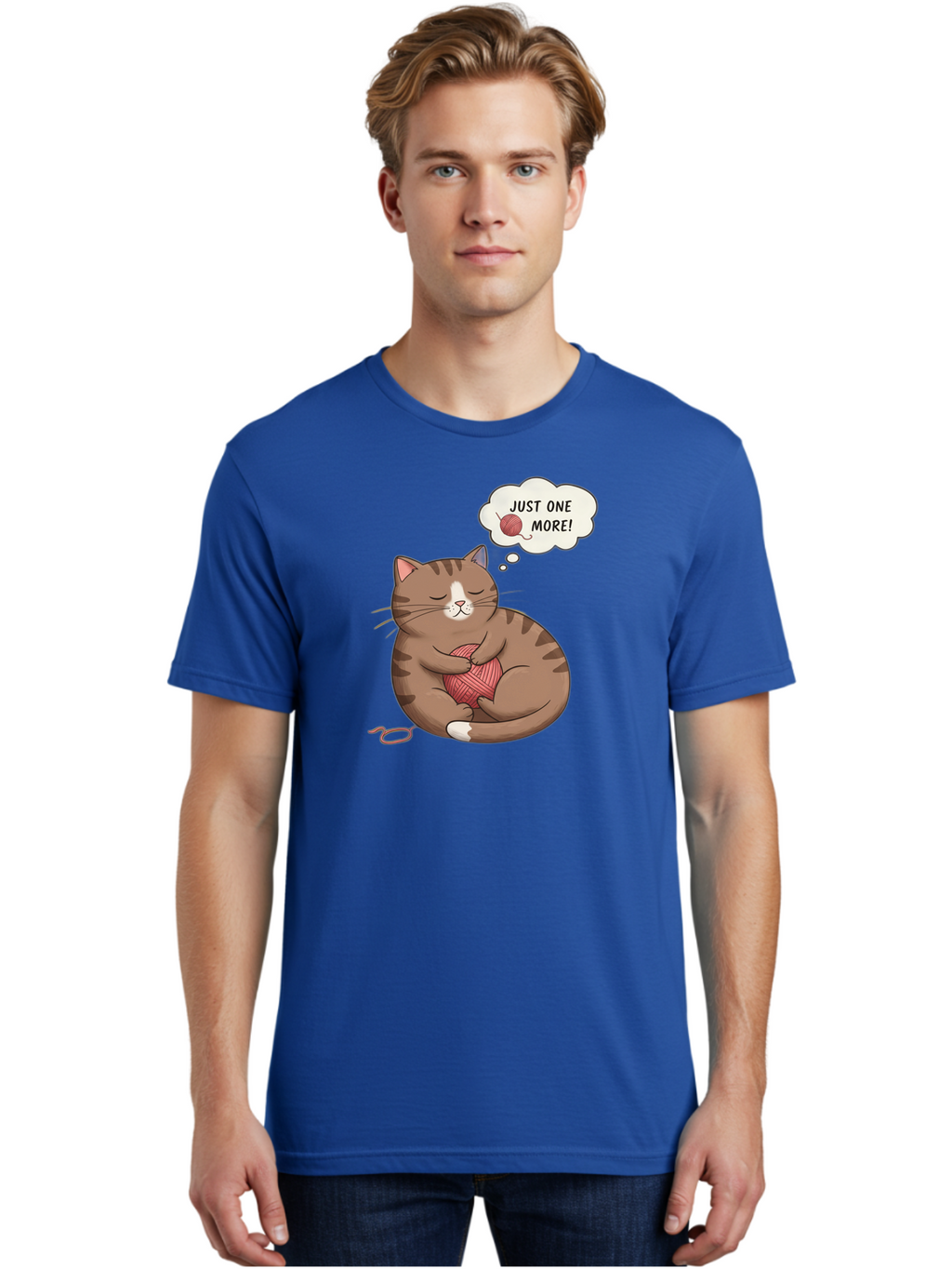 Just-One-More Men'S Graphic Tee, 100% Cotton, Comfortable Casual Summer Wear, Machine Washable, Cat Hugging Yarn Ball, Cartoon Cat, Cute Animal, Funny Meme, Knitting Humor, Adorable Feline, Playful Kitty, Cat Love, Yarn Obsession, Bac084