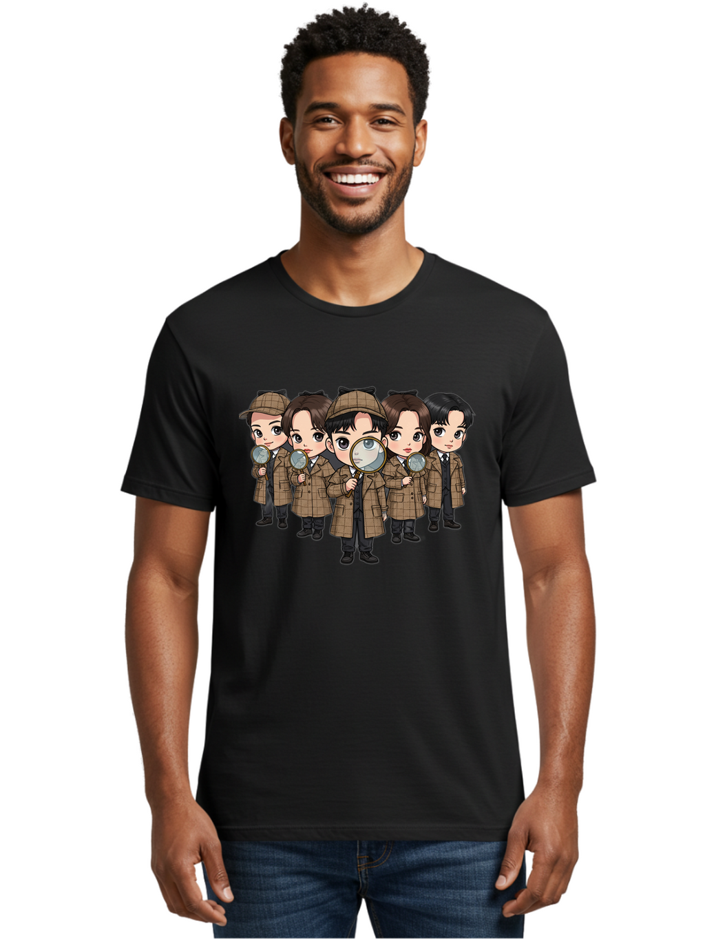 K-Drama-Detectives Men'S Graphic Tee, 100% Cotton, Comfortable Casual Summer Wear, Machine Washable, Cartoon Detectives, Sherlock Holmes, Magnifying Glass, Detective Work, Mystery Solving, Crime Investigation, Detective Hat, Trench Coat, Bac086