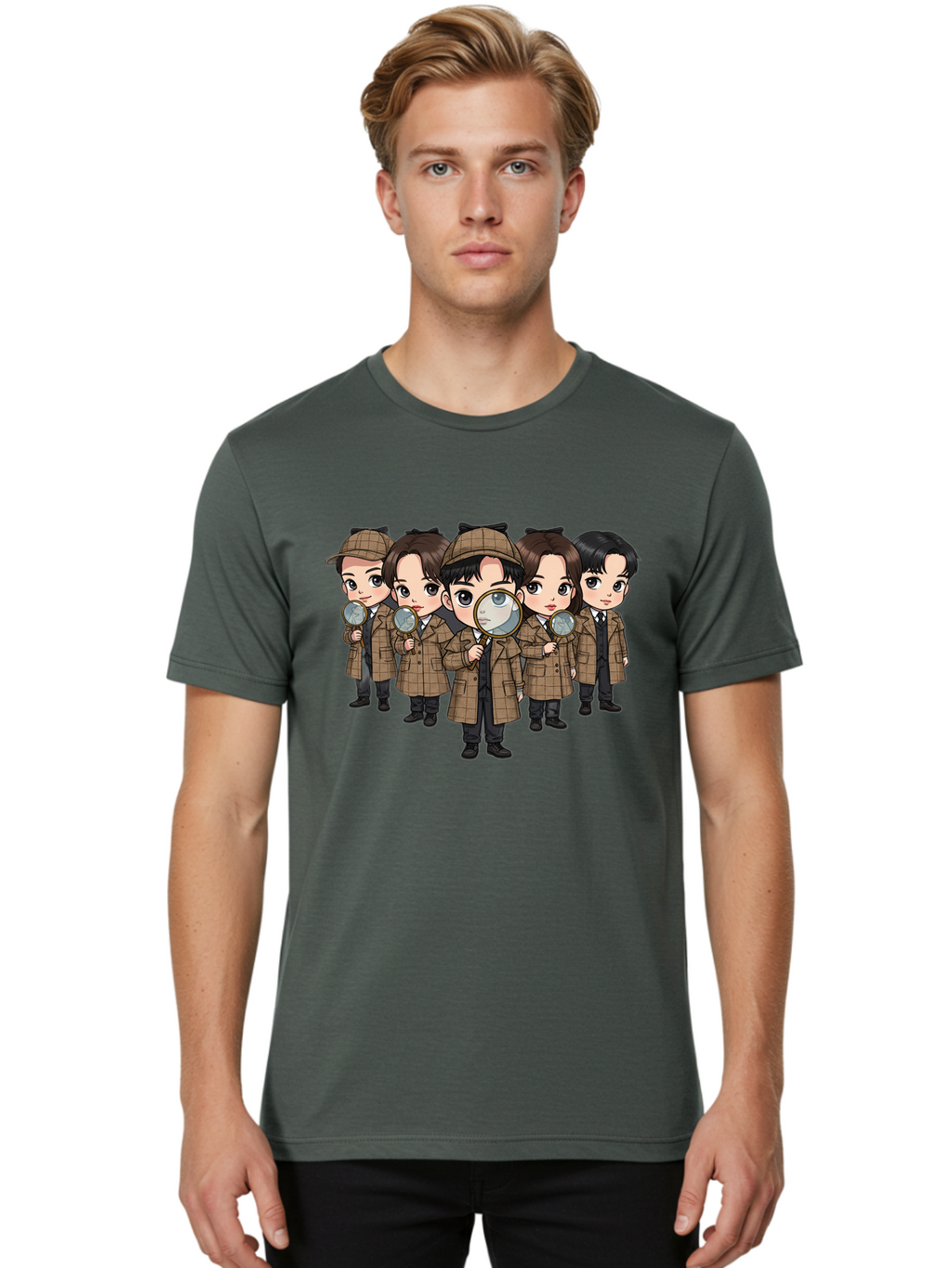 K-Drama-Detectives Men'S Graphic Tee, 100% Cotton, Comfortable Casual Summer Wear, Machine Washable, Cartoon Detectives, Sherlock Holmes, Magnifying Glass, Detective Work, Mystery Solving, Crime Investigation, Detective Hat, Trench Coat, Bac086